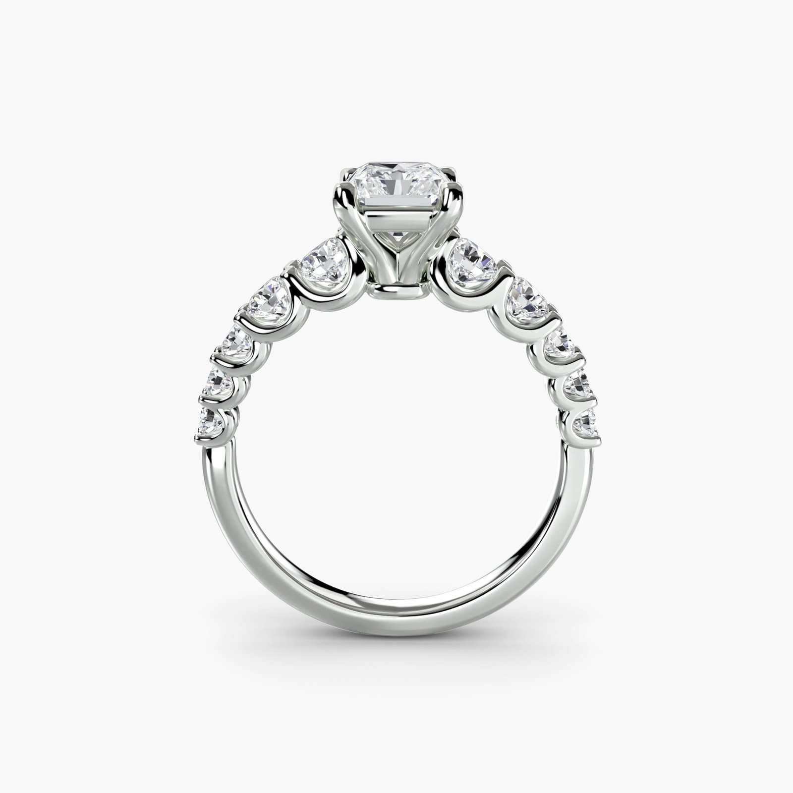 Side Stone Radiant 18Kt White Gold Ring Setting: Side Stone Radiant 18Kt White Gold Ring Setting Radiant 18Kt White Gold Ring Setting for a stunning side stone display, featuring 10 lab-grown stones totaling 1.38 carats in EF/VS clarity and colour. 