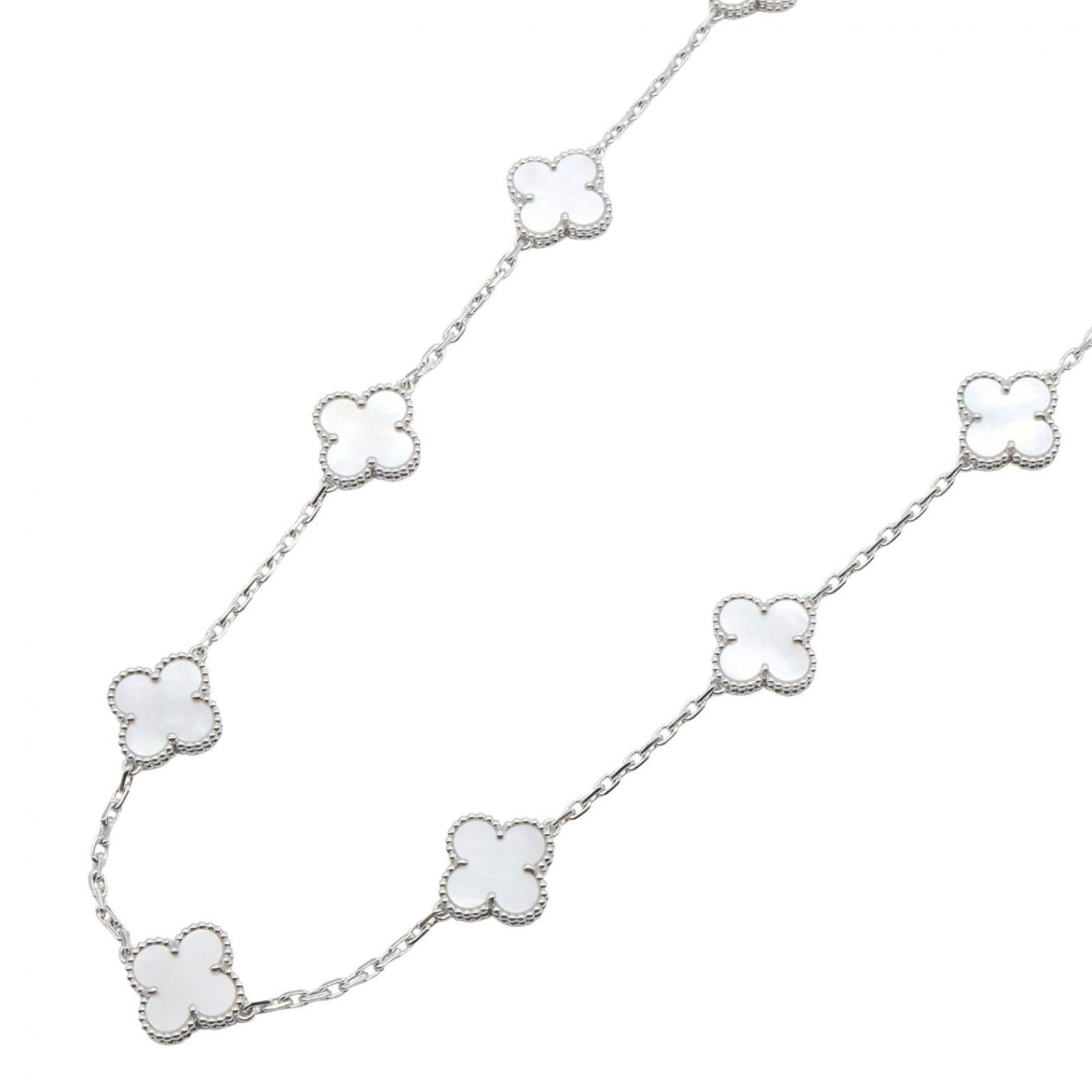 Van Cleef & Arpels Vintage Alhambra Mother-Of-Pearl Necklace 18K White Gold (18Kwg) With Finish: Van Cleef & Arpels Vintage Alhambra Mother-Of-Pearl Necklace 18K White Gold (18Kwg) With Finish 18K white gold necklace with an exquisite Alhambra mother-of-pearl pendant, crafted by renowned French