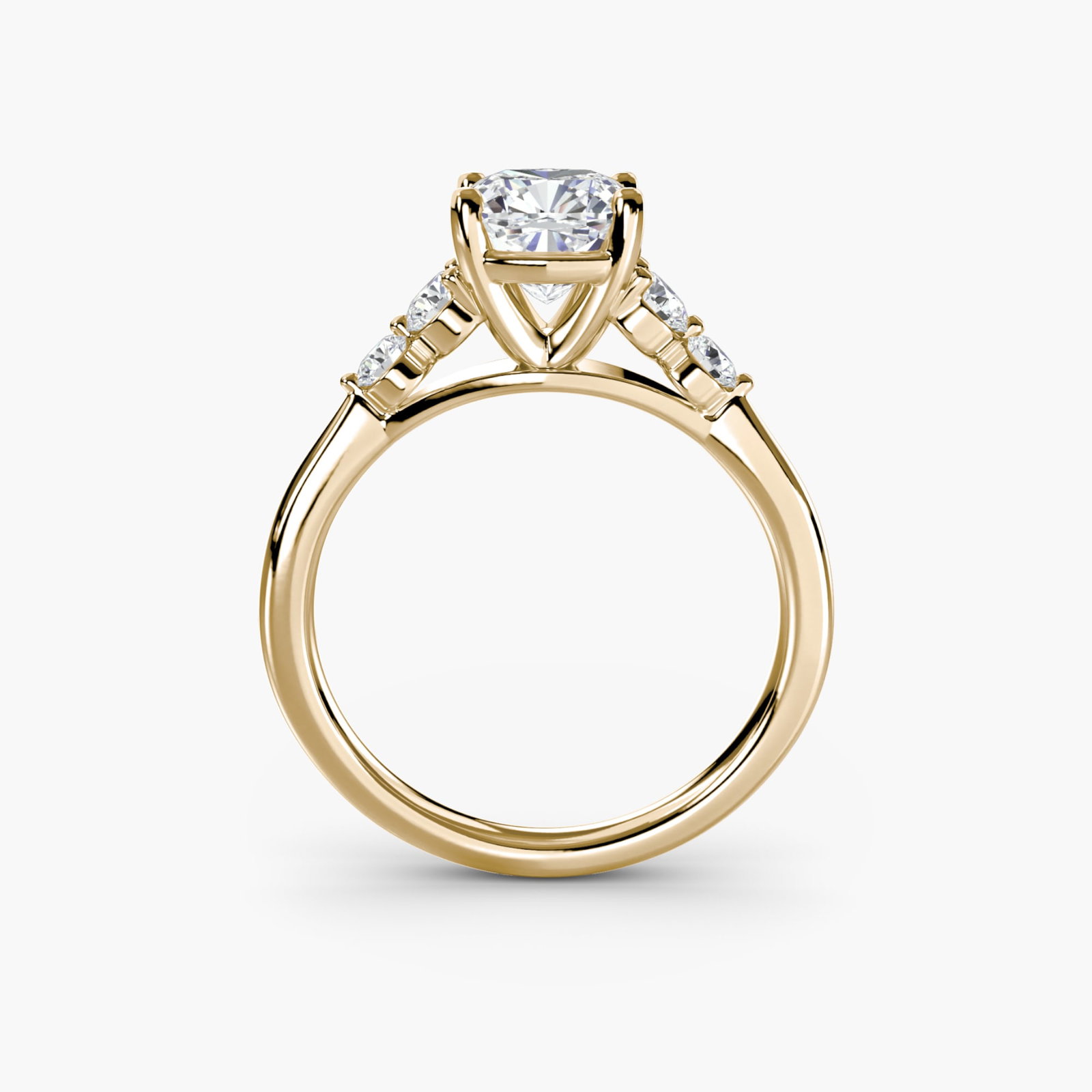 Solitaire Cushion 18Kt Yellow Gold Ring Setting: Solitaire Cushion 18Kt Yellow Gold Ring Setting Cushion-cut diamonds add elegance to this 18Kt yellow gold ring setting, featuring four side stones totaling 0.23 carats in color EF/VS and clarity VS.