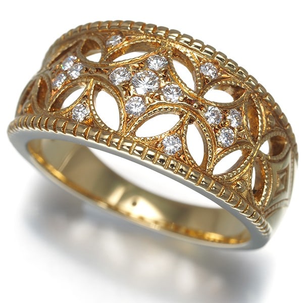 Mikimoto Ring Diamond 0.17Ct Openwork Milgrain Us5.75-6 18K Yg: Mikimoto Ring Diamond 0.17Ct Openwork Milgrain Us5.75-6 18K Yg Mikimoto's signature craftsmanship shines in this exquisite openwork milgrain yellow gold ring, featuring a stunning 0.17ct diamond set