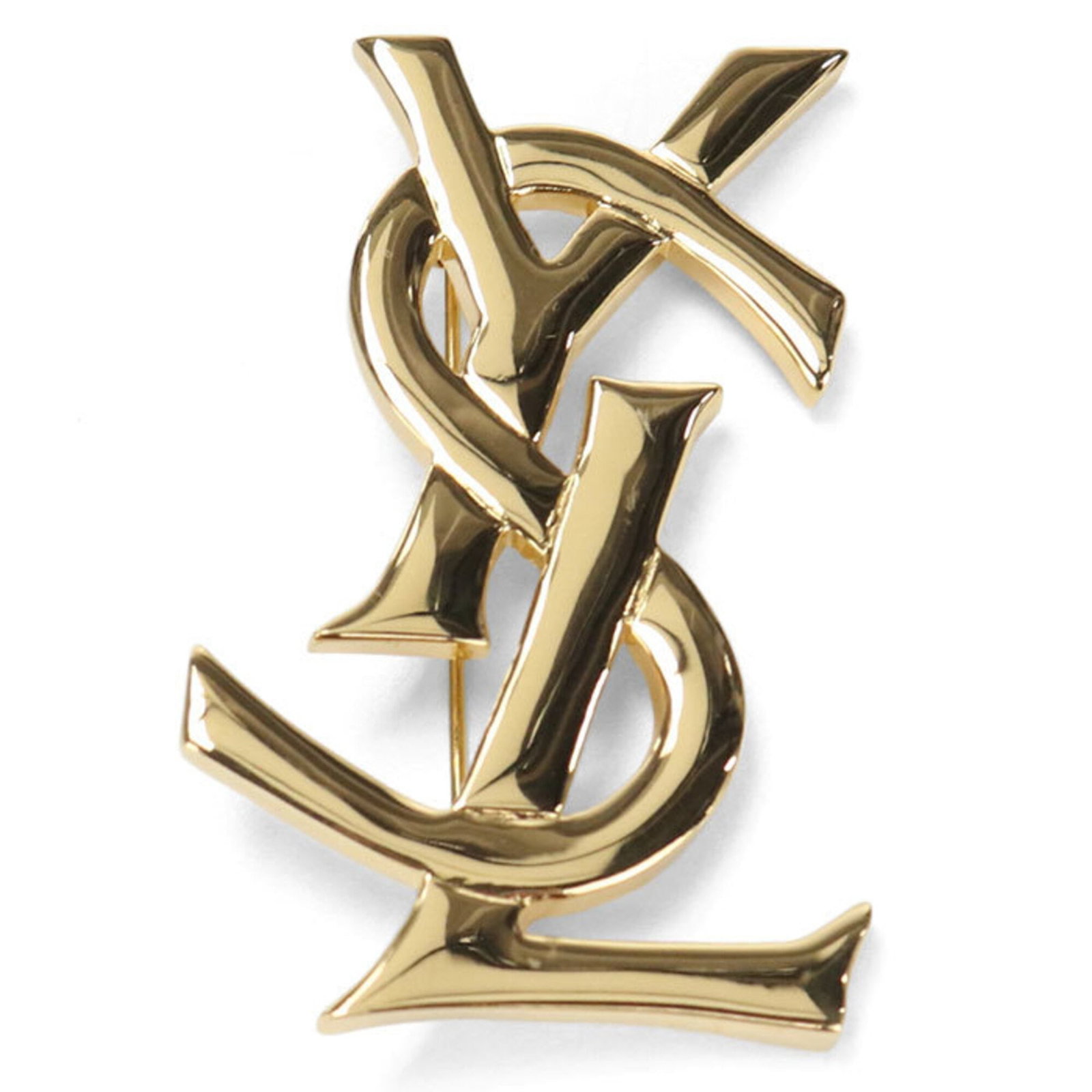 Saint Laurent Yves Brooch Metal: Saint Laurent Yves Brooch Metal Gold Yves Saint Laurent Brooch, 5.5cm x 3.5cm in size, bears a signature and features metal construction with a few traces of usage, some scratches and dirt visible. Th