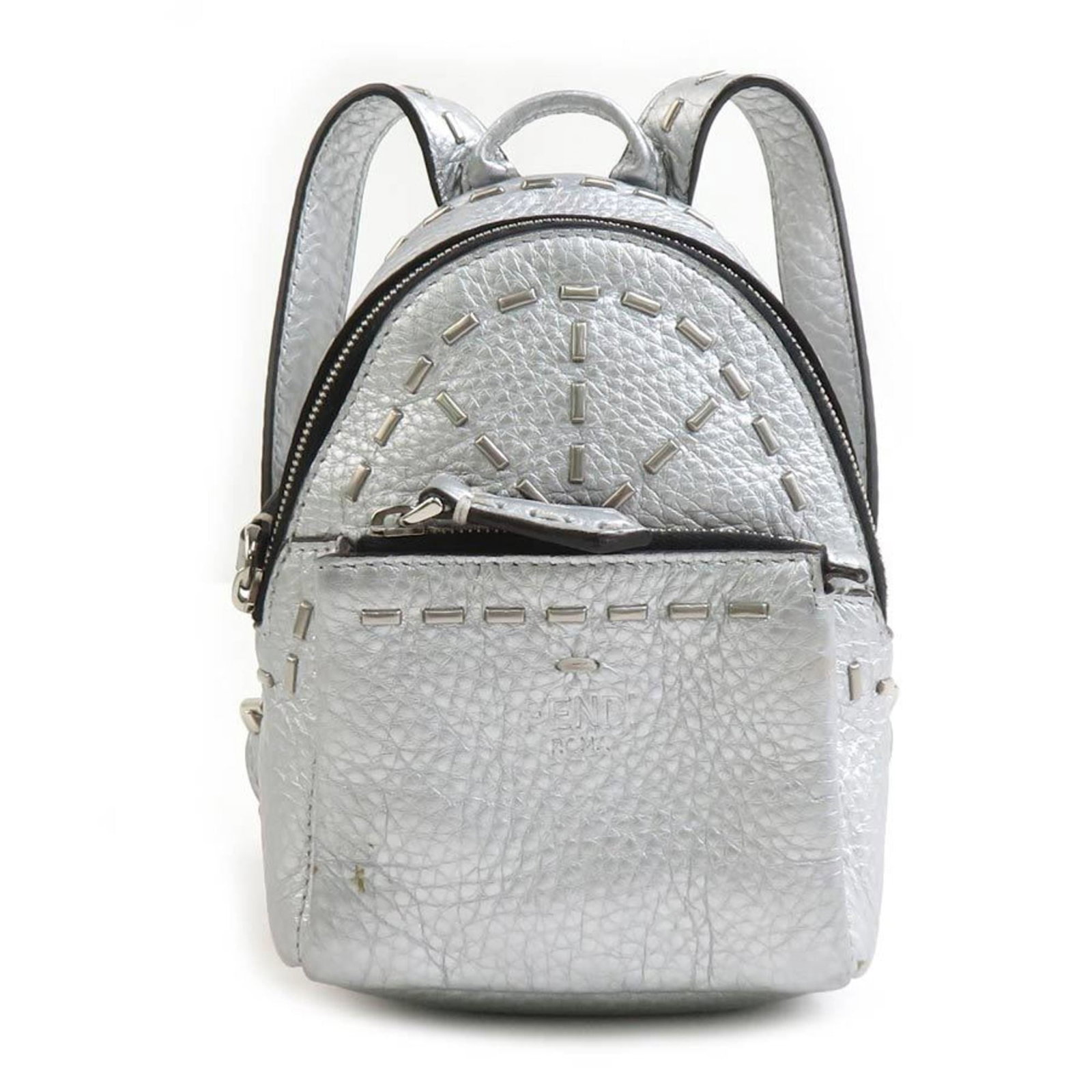 Metal Leather Charm Fendi Handbag: Metal Leather Charm Fendi Handbag Silver metal and genuine leather come together in this Fendi handbag charm, bearing subtle signs of use. The silver finish adds a touch of sophistication to the overa