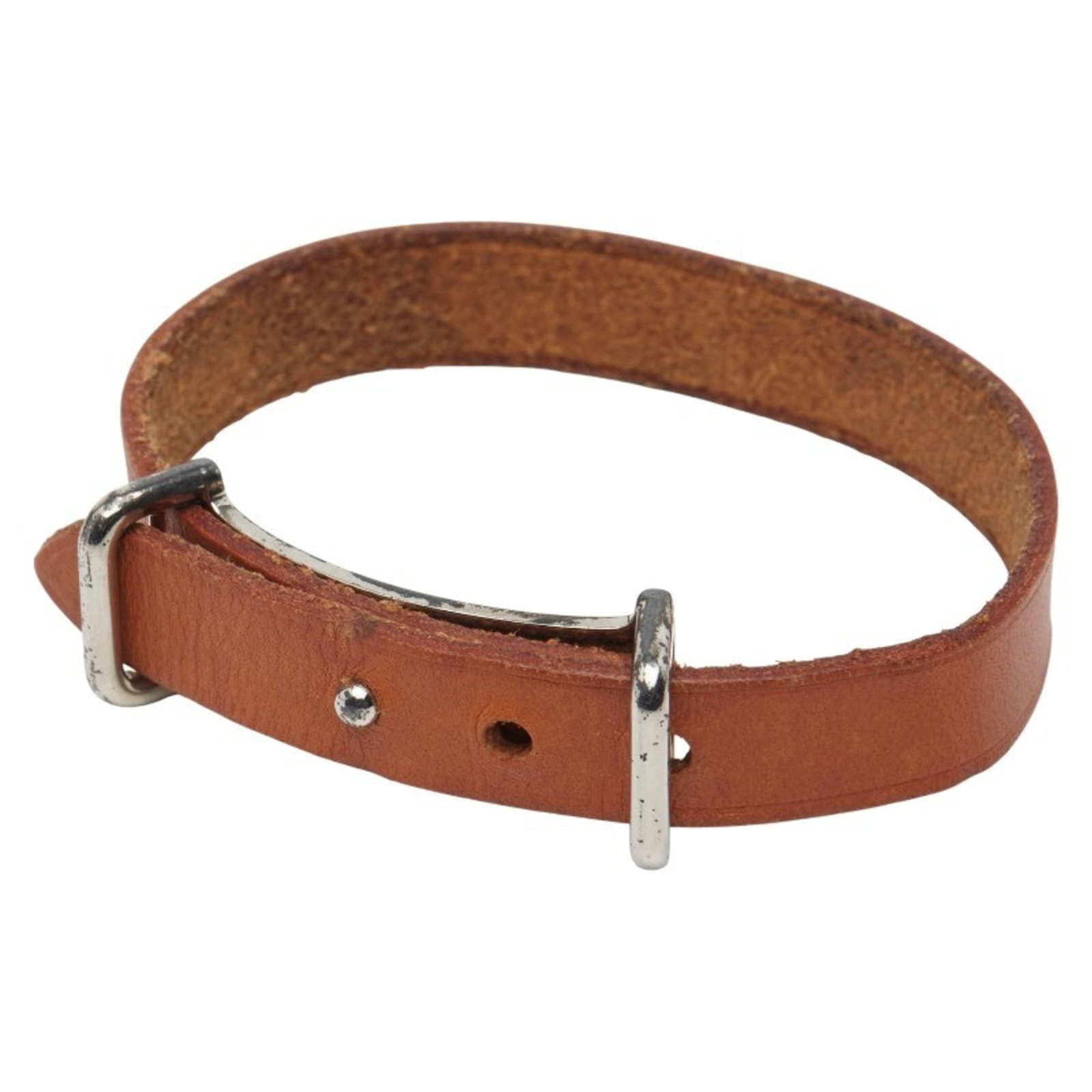 Metal Leather Charm Hermes Bracelet: Metal Leather Charm Hermes Bracelet Brown metal and leather charm bracelet from Hermes, with a classic design featuring a signature. The bracelet measures 17cm in length and shows signs of use,