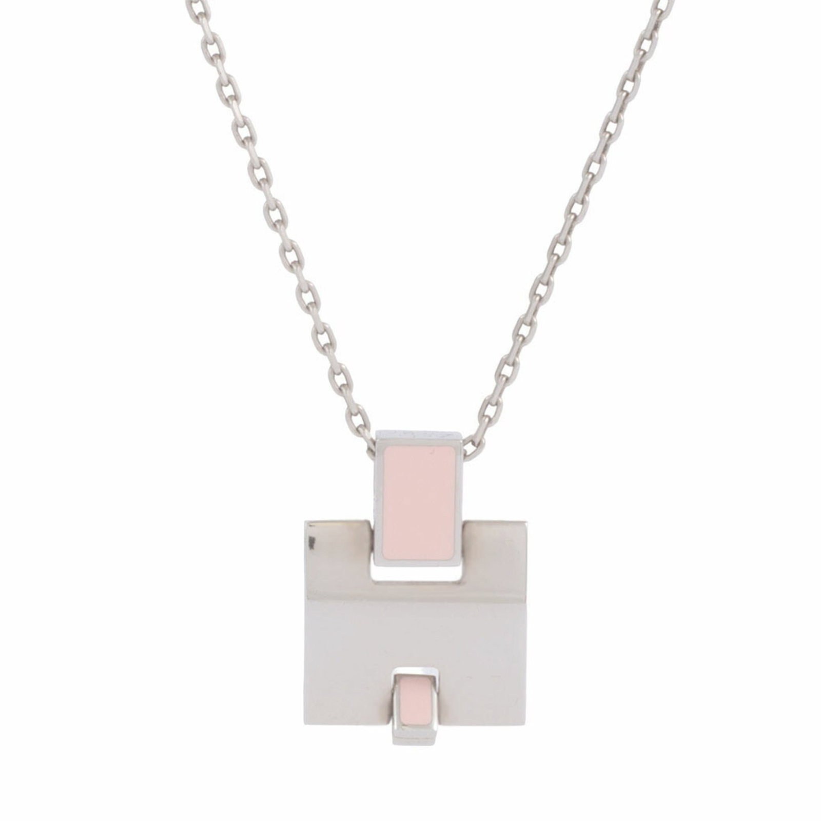 Hermes H Women's Silver Pink Pendant Metal Irene Necklace St0157: Hermes H Women's Silver Pink Pendant Metal Irene Necklace St0157 The Hermes H Women's Silver Pink Pendant Metal Irene Necklace features a beautiful silver pink metal pendant, measuring 21mm x 15mm.