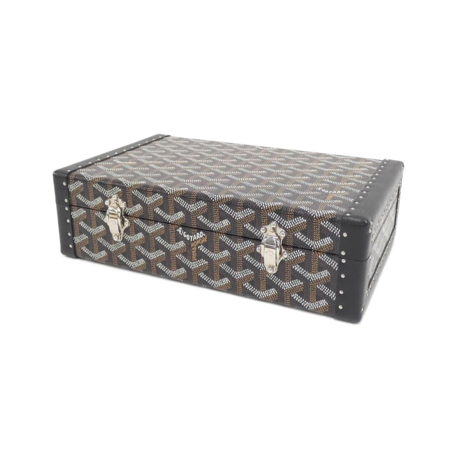 Coated canvas jewelry case by Goyard: Coated canvas jewelry case by Goyard Goyard's iconic coated canvas jewelry case boasts a sleek black finish, protecting your treasured accessories from scratches and scuffs. With its compact size and 