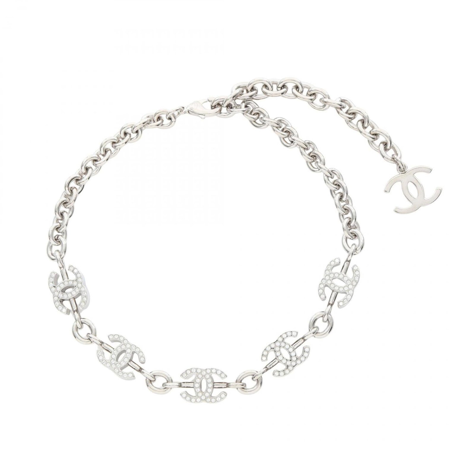 Women's Silver Necklace Stainless Steel Rhinestones Chanel Coco Mark: Women's Silver Necklace Stainless Steel Rhinestones Chanel Coco Mark Silver necklace with stainless steel rhinestones and a Chanel Coco mark, featuring a clear and silver finish. The necklace has a 37