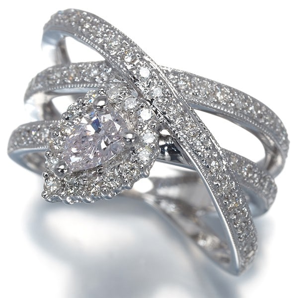 Pink &Clear Diamond 0.329Ct I1/ 0.27Ct Pear-Shaped Ring 18K 750 White Gold: Pink &Clear Diamond 0.329Ct I1/ 0.27Ct Pear-Shaped Ring 18K 750 White Gold Pink and clear diamond ring features a 0.329ct pear-shaped diamond, accompanied by a smaller 0.27ct diamond, set in 18k