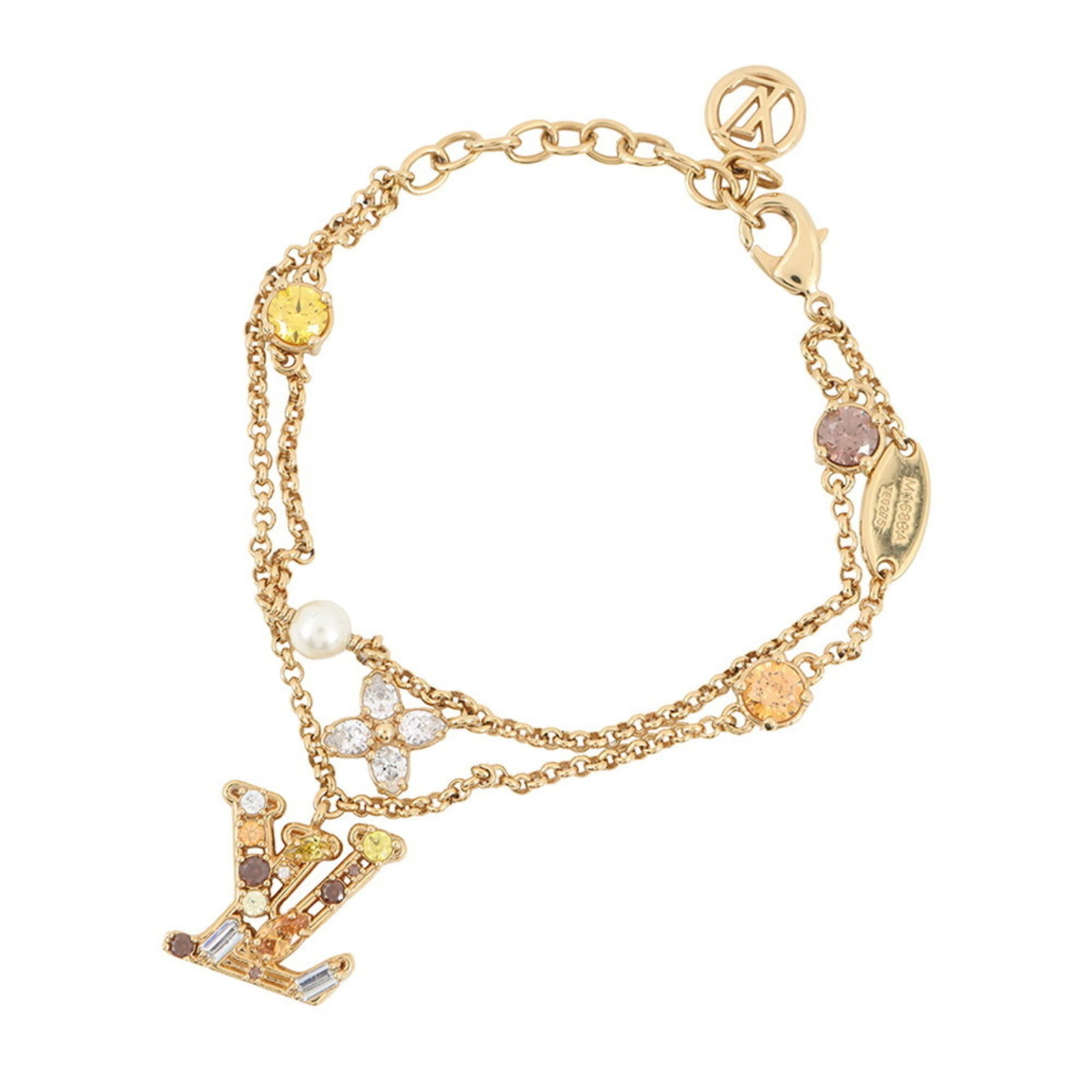 Rhinestone Charm Metal Louis Vuitton: Rhinestone Charm Metal Louis Vuitton This Louis Vuitton charm bracelet features a rhinestone charm, adding a touch of glamour to any outfit. Made from metal and adorned with sparkling rhinestones,