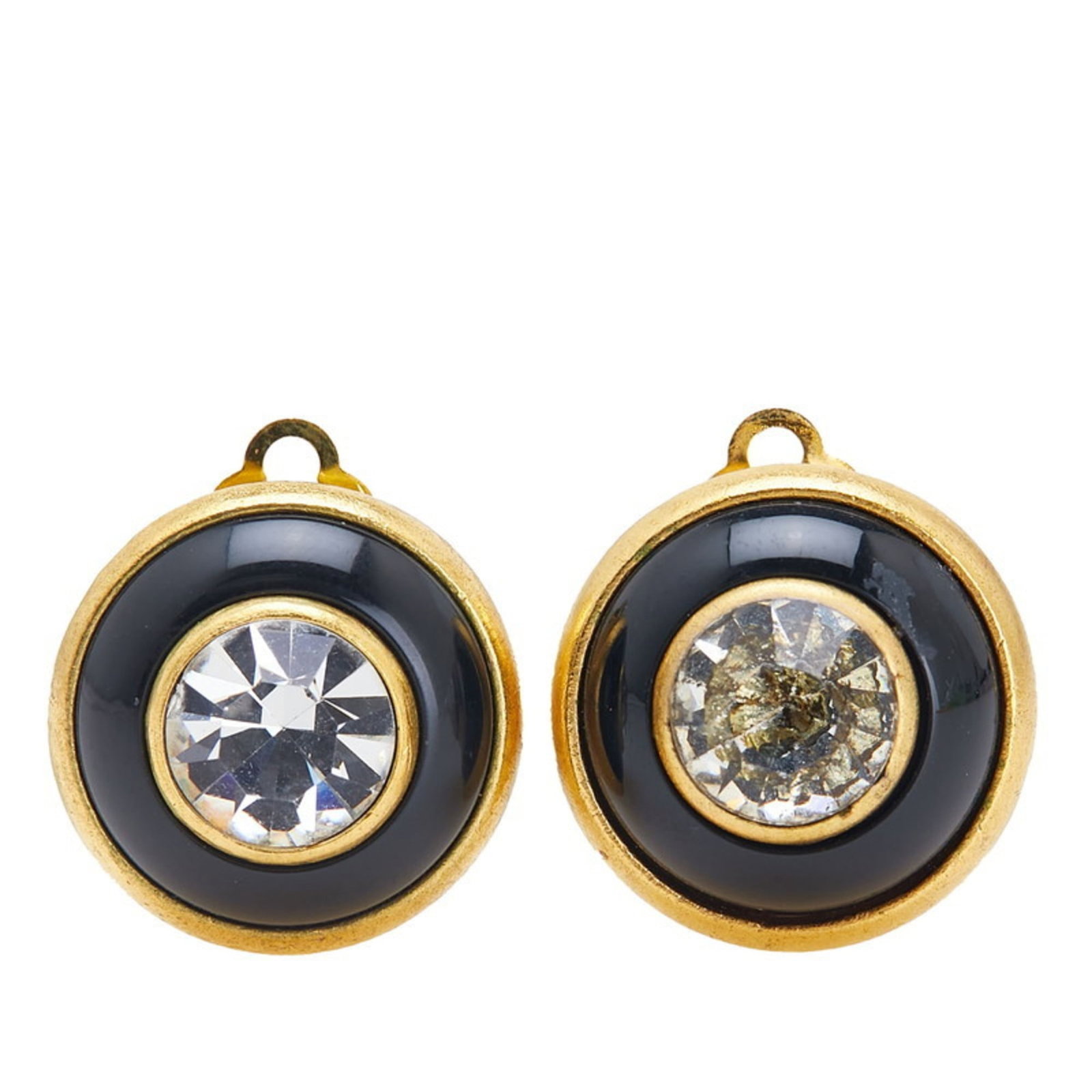 Rhinestone Clip Earrings By Chanel: Rhinestone Clip Earrings By Chanel Rhinestone Clip Earrings by Chanel feature intricate black rhinestones, measuring 17.30mm x 17.30mm in size, adding a touch of luxury to any outfit. With their