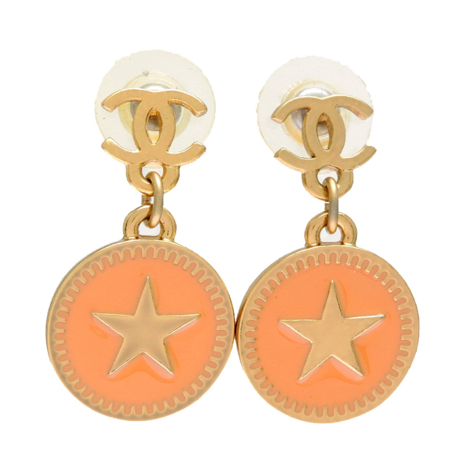 Chanel Stud Earrings Gold Plating: Chanel Stud Earrings Gold Plating Gold-plated Chanel stud earrings with a classic design, featuring intricate details and a timeless look. The earrings have a subtle gold plating that adds a touch of 