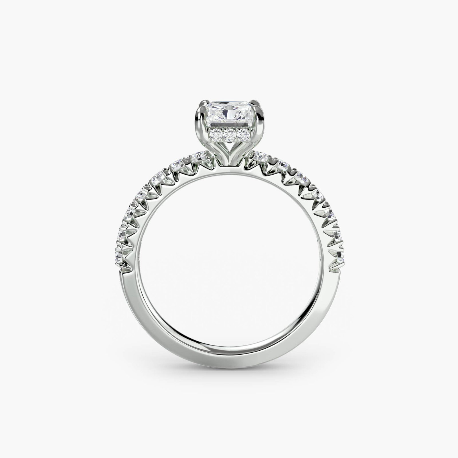 Hidden Halo Radiant 14Kt White Gold Ring Setting: Hidden Halo Radiant 14Kt White Gold Ring Setting Radiant setting shines with 30 side stones totaling 0.43 carats, adding subtle sparkle to the 14Kt white gold band. This new ring features a clean and 