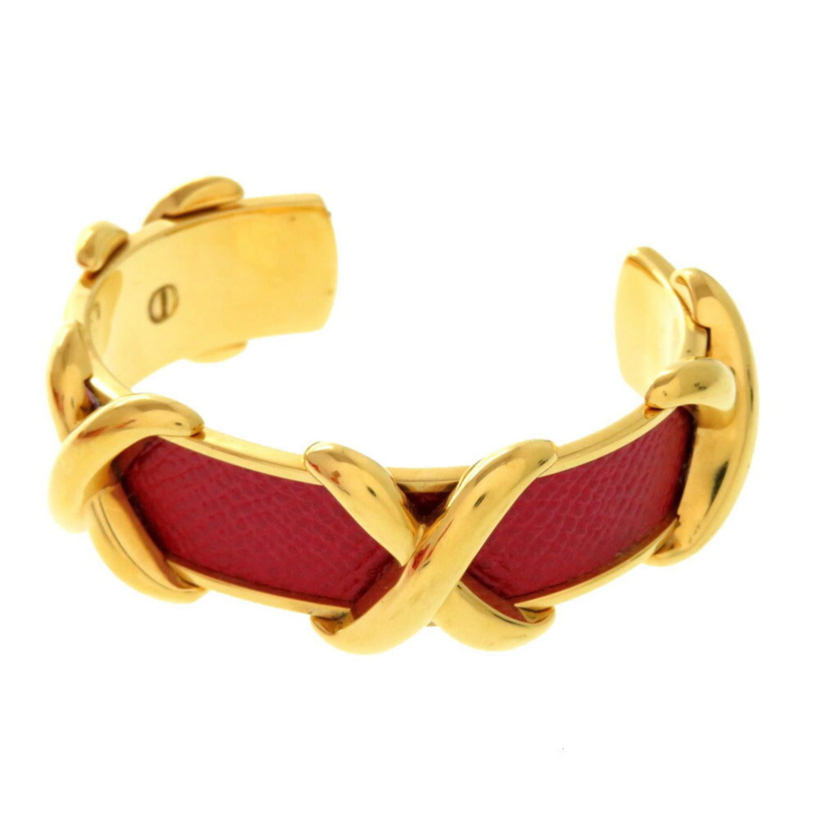 Metal leather bangle Hermes: Metal leather bangle Hermes Gold and red leather bangle from Hermes, featuring metal details. This 16cm long bangle shows signs of usage with minor damages and dirt, but remains in acceptable conditio