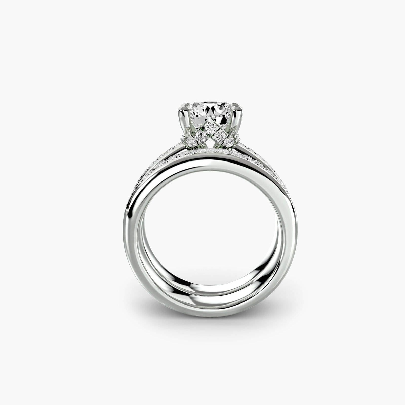 Side Stone Round 18Kt White Gold Ring Setting: Side Stone Round 18Kt White Gold Ring Setting Round 18Kt White Gold Ring Setting with 41 Side Stones, featuring a total carat weight of 1.079 CT, showcasing lab-grown stones in EF/VS clarity and colou