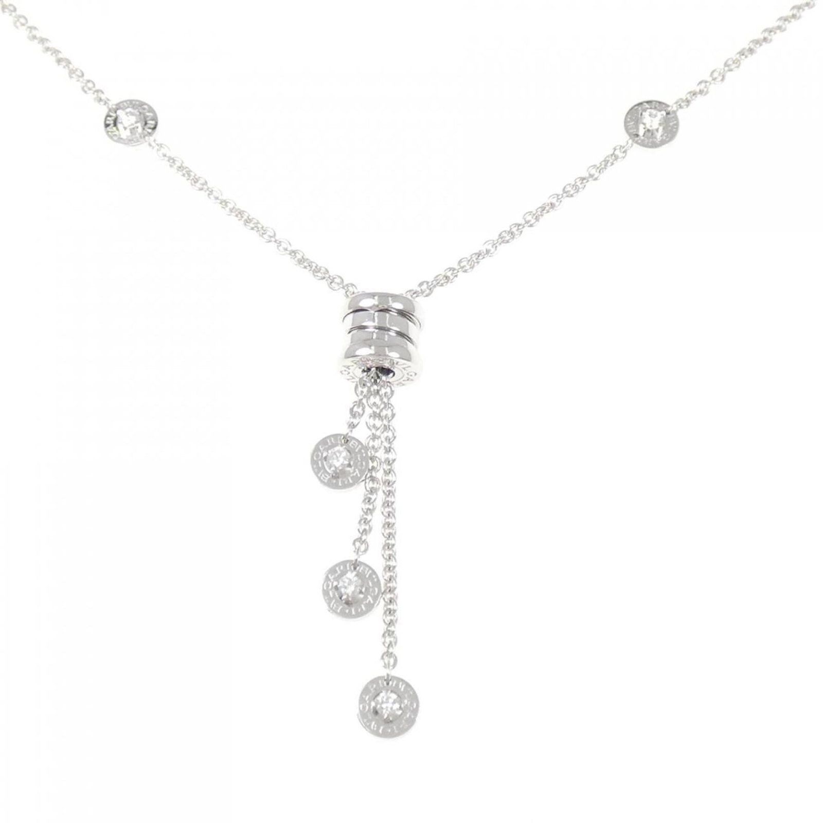Bvlgari B.Zero1 Necklace: Bvlgari B.Zero1 Necklace Bvlgari B.Zero1 Necklace, crafted from 18K white gold, boasts a sleek pendant design measuring 44.6mm x 11mm. With its classic style and elegant lines, this necklace is perfec