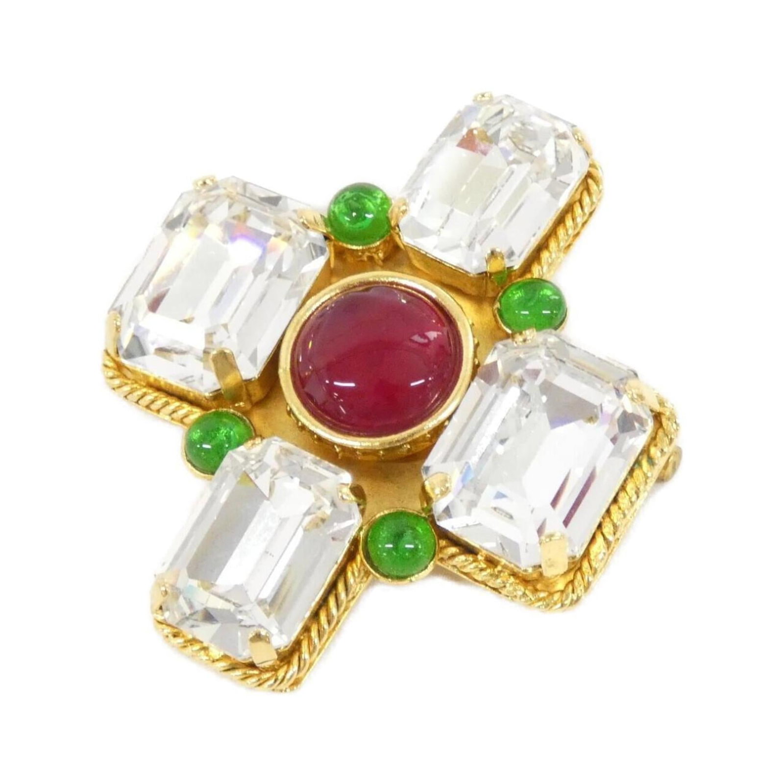 Chanel Brooch: Chanel Brooch Gold, green, and red hues come together in this elegant Chanel brooch, featuring a subtle design that adds a touch of sophistication to any outfit. Measuring 5.8cm x 5cm, its compact siz