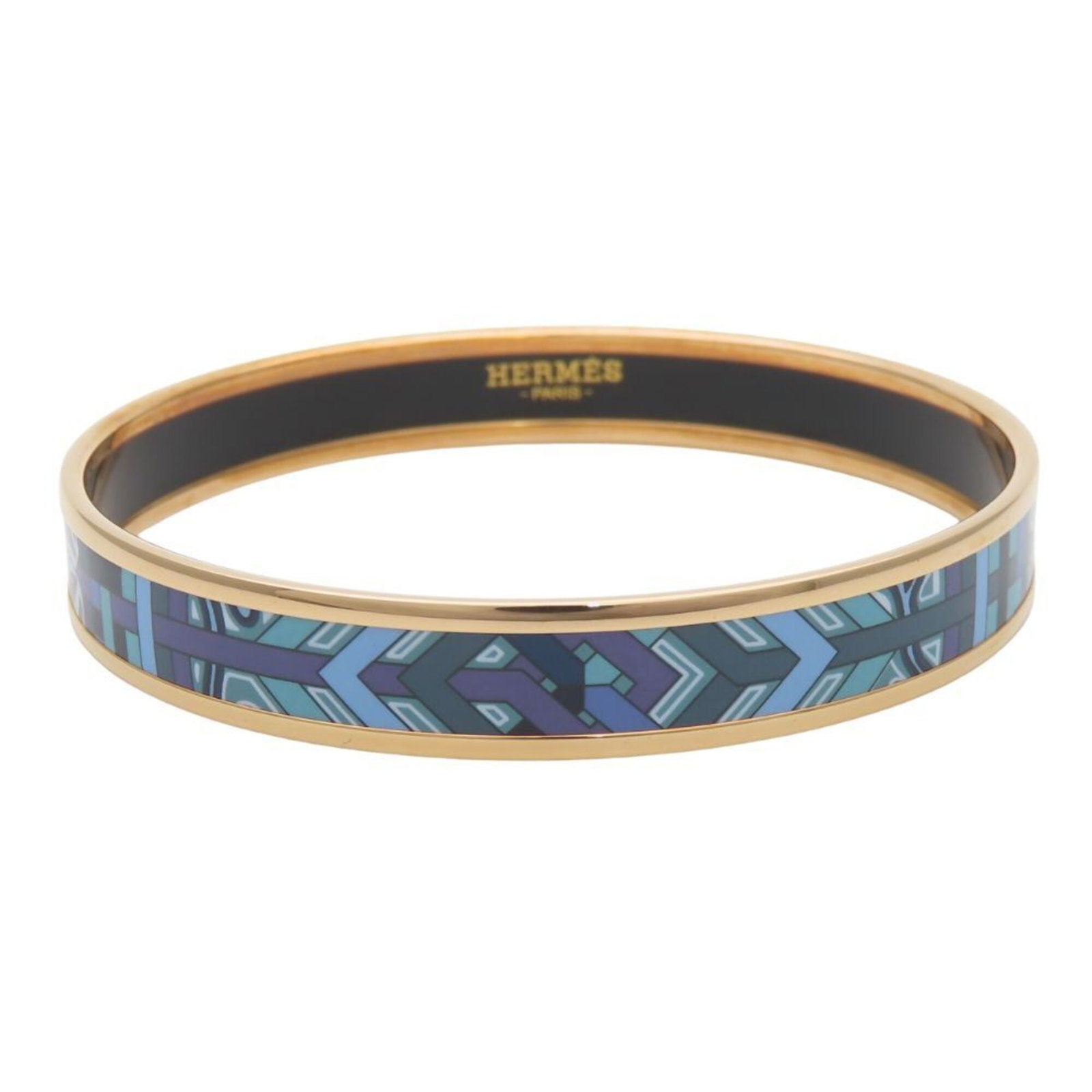 Hermes Bangle Cloisonn/ Enamel Gold Plating: Hermes Bangle Cloisonn/ Enamel Gold Plating 19.5cm / 7.67'' gold plated cloisonn/ enamel bangle from Hermes features striking blue, gold, and purple hues. The item bears signs of usage with scratches