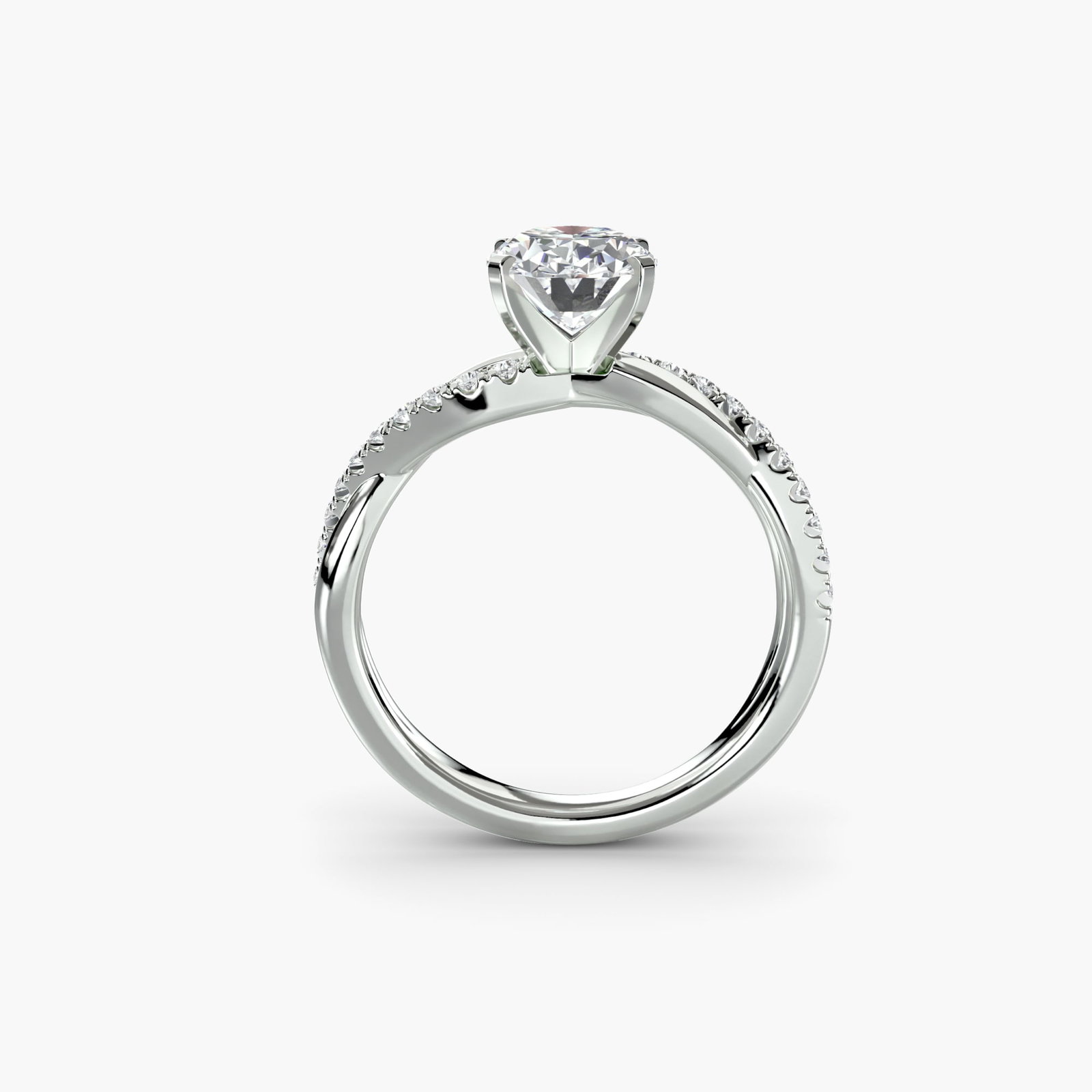 Pave Oval 14Kt White Gold Ring Setting: Pave Oval 14Kt White Gold Ring Setting Oval ring setting crafted from 14Kt white gold, featuring 20 pave side stones totaling 0.19 carats in EF/VS lab-grown stone color and clarity. The setting's clea
