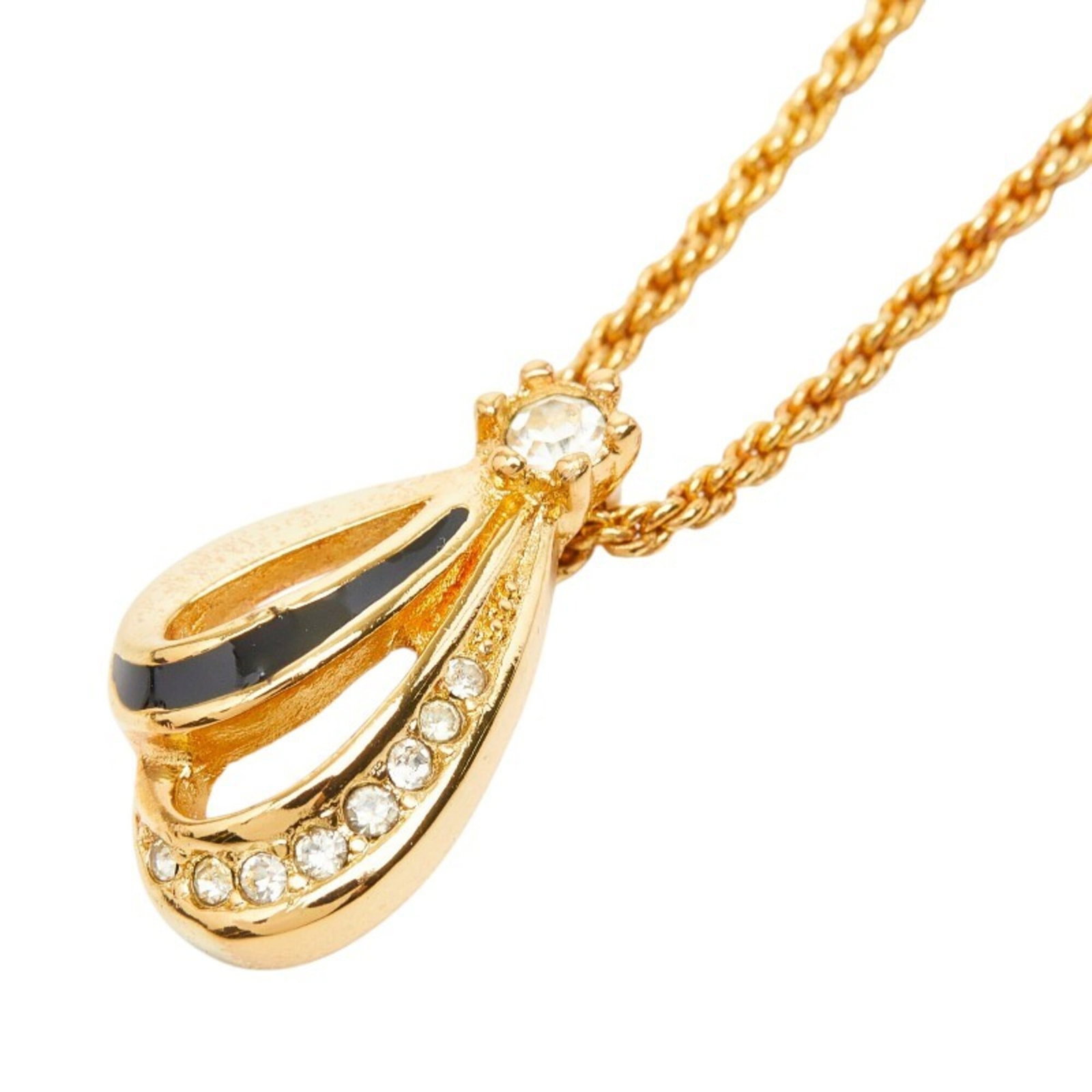 Christian Dior Necklace Gold Black Rhinestones For Women.: Christian Dior Necklace Gold Black Rhinestones For Women. Gold-plated Christian Dior necklace features black rhinestones for a touch of luxury. The 44.5 cm gold-plated chain has a pendant size of