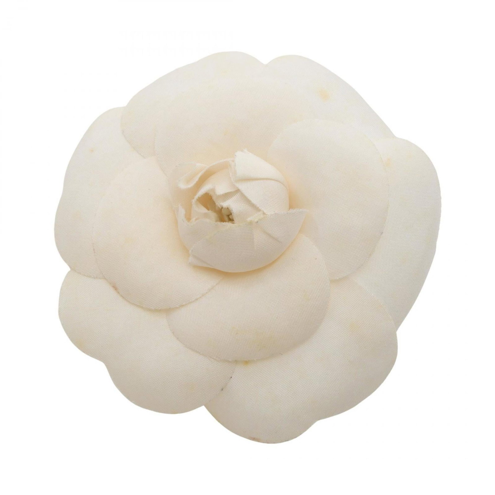 Chanel Brooch: Chanel Brooch White Chanel brooch with visible signs of use, bearing a signature. The piece has been worn and shows minor damage and dirt, but remains in acceptable condition for continued wear. Its c