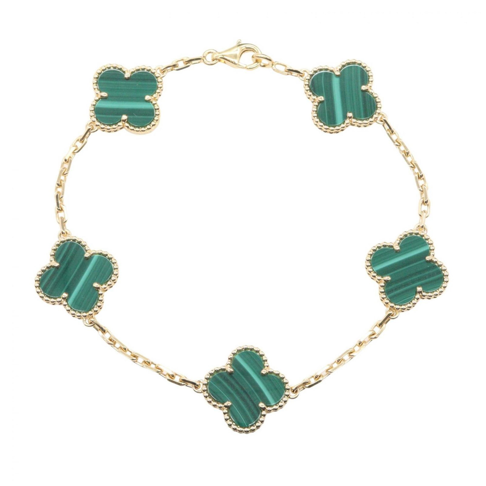 Charm Bracelet Gold Yellow Van Arpels Cleef: Charm Bracelet Gold Yellow Van Arpels Cleef Yellow Gold Van Cleef & Arpels Charm Bracelet, 18cm in length. This beautiful charm bracelet features yellow gold (18K) and green accents, showcasing the