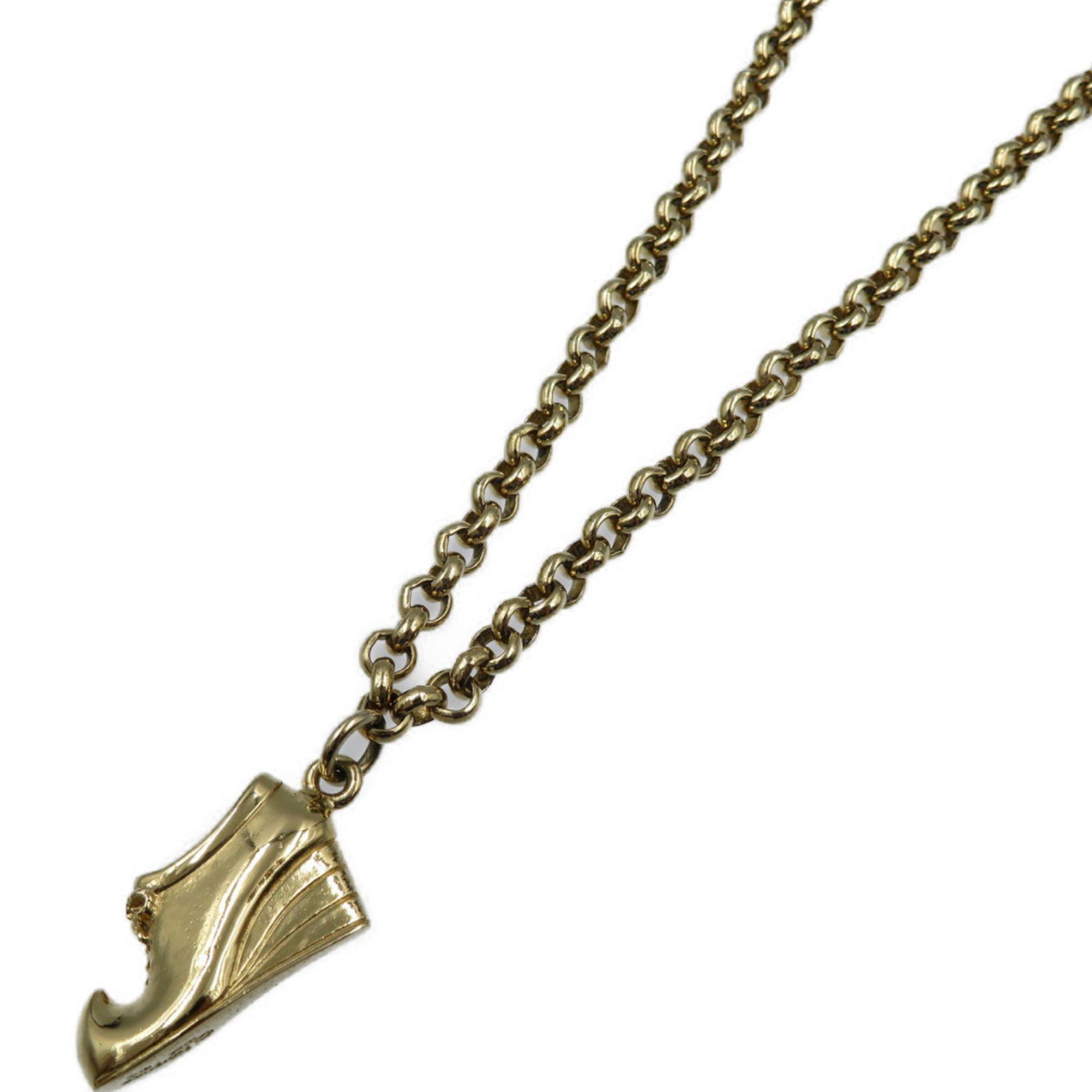 Excellent Condition Salvatore Ferragamo Vintage Metal Gold Shoe Motif Necklace 0053: Excellent Condition Salvatore Ferragamo Vintage Metal Gold Shoe Motif Necklace 0053 This Salvatore Ferragamo gold necklace features an excellent vintage metal shoe motif pendant, showcasing the