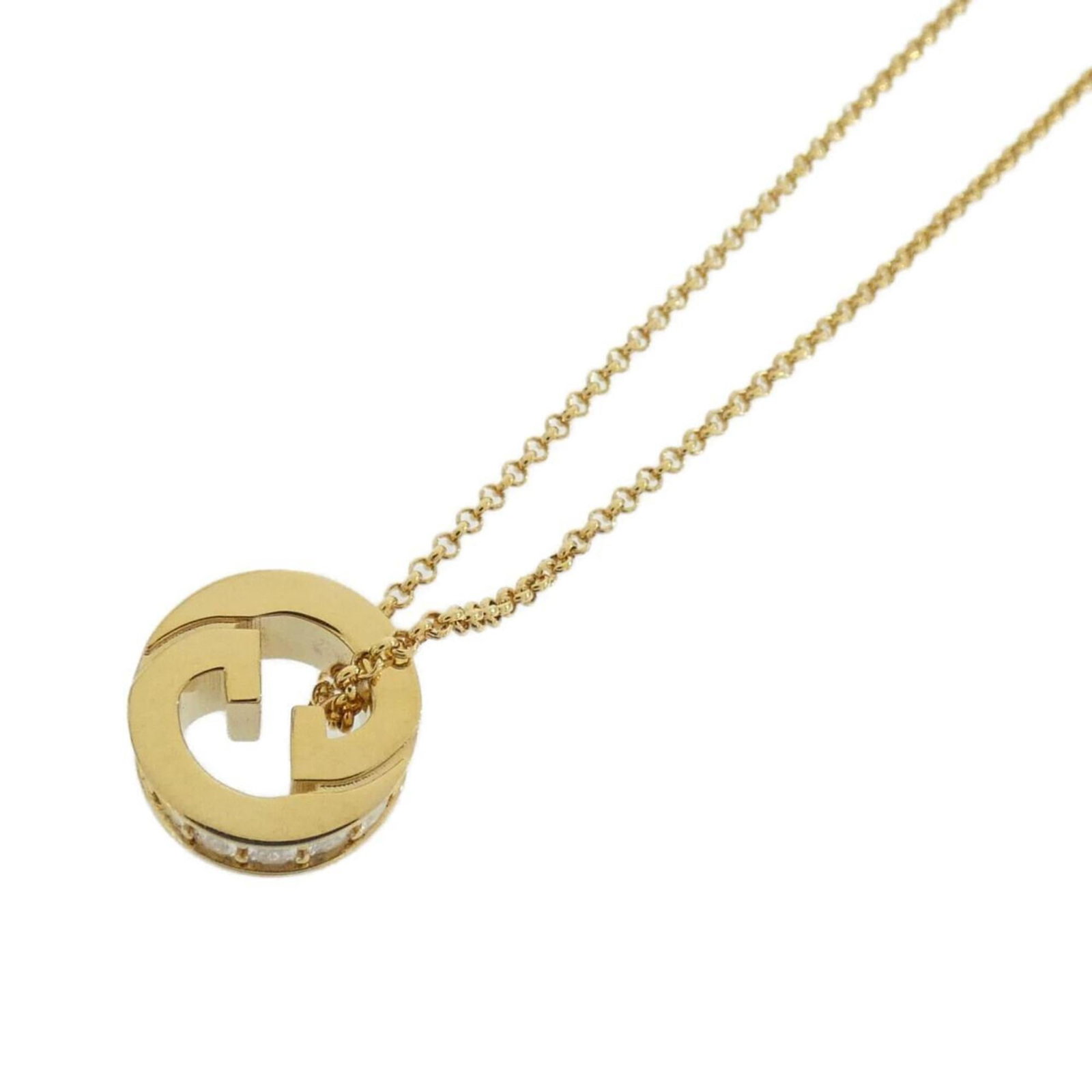 Gucci Blondie 837291 J9740 Necklace: Gucci Blondie 837291 J9740 Necklace Clear, gold, and white Gucci Blondie 837291 J9740 Necklace available in used (very good) condition. The necklace features a 15mm x 15mm pendant with a gold chain