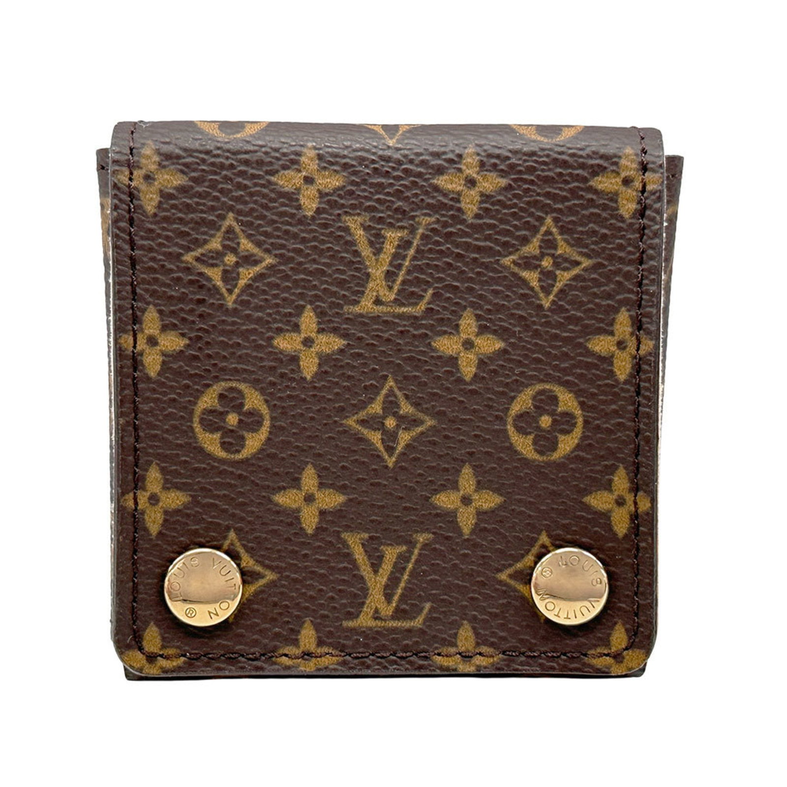 Louis Vuitton Jewelry Monogram Case: Louis Vuitton Jewelry Monogram Case Used Louis Vuitton Jewelry Monogram Case in brown, with traces of usage and minor scratches. The case measures 7cm x 6.5cm x 2cm and features the iconic monogram