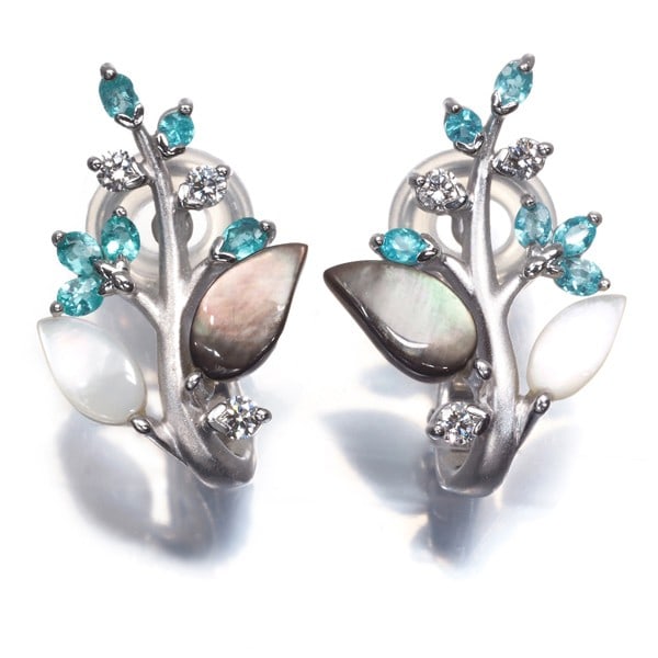 Tasaki Earrings Paraiba Tourmaline Diamond Mother Of Pearl Tree 18K Wg (1 of 6)