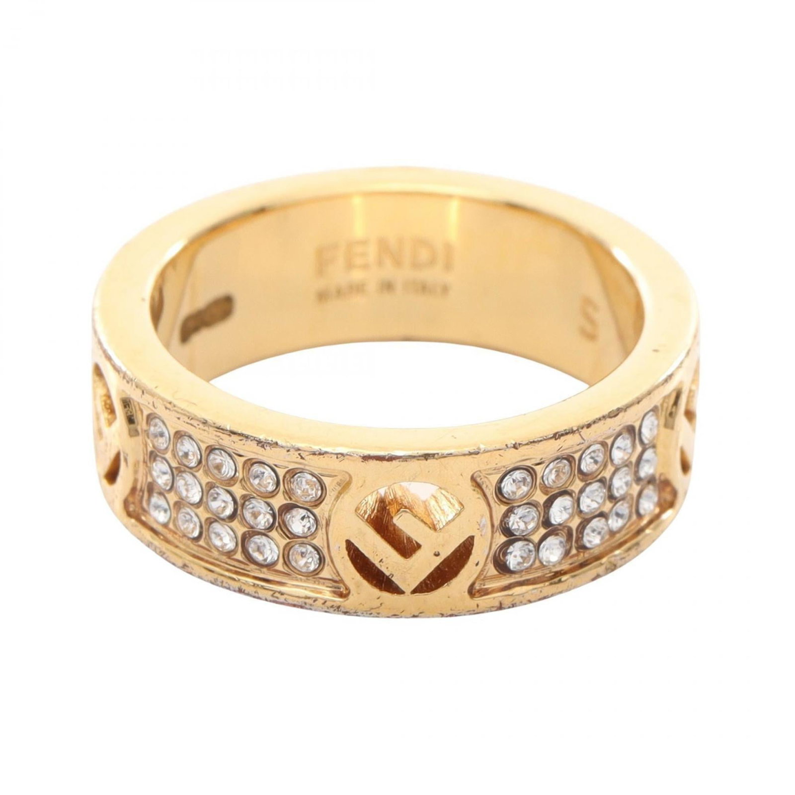 Fendi Band Ring Gold Plating Rhinestone: Fendi Band Ring Gold Plating Rhinestone Gold Plating and Rhinestone Accent Give This Fendi Band Ring a Touch of Luxury, Featuring Clear and Gold Accents that Add to its Elegance. The Ring's Used Condi
