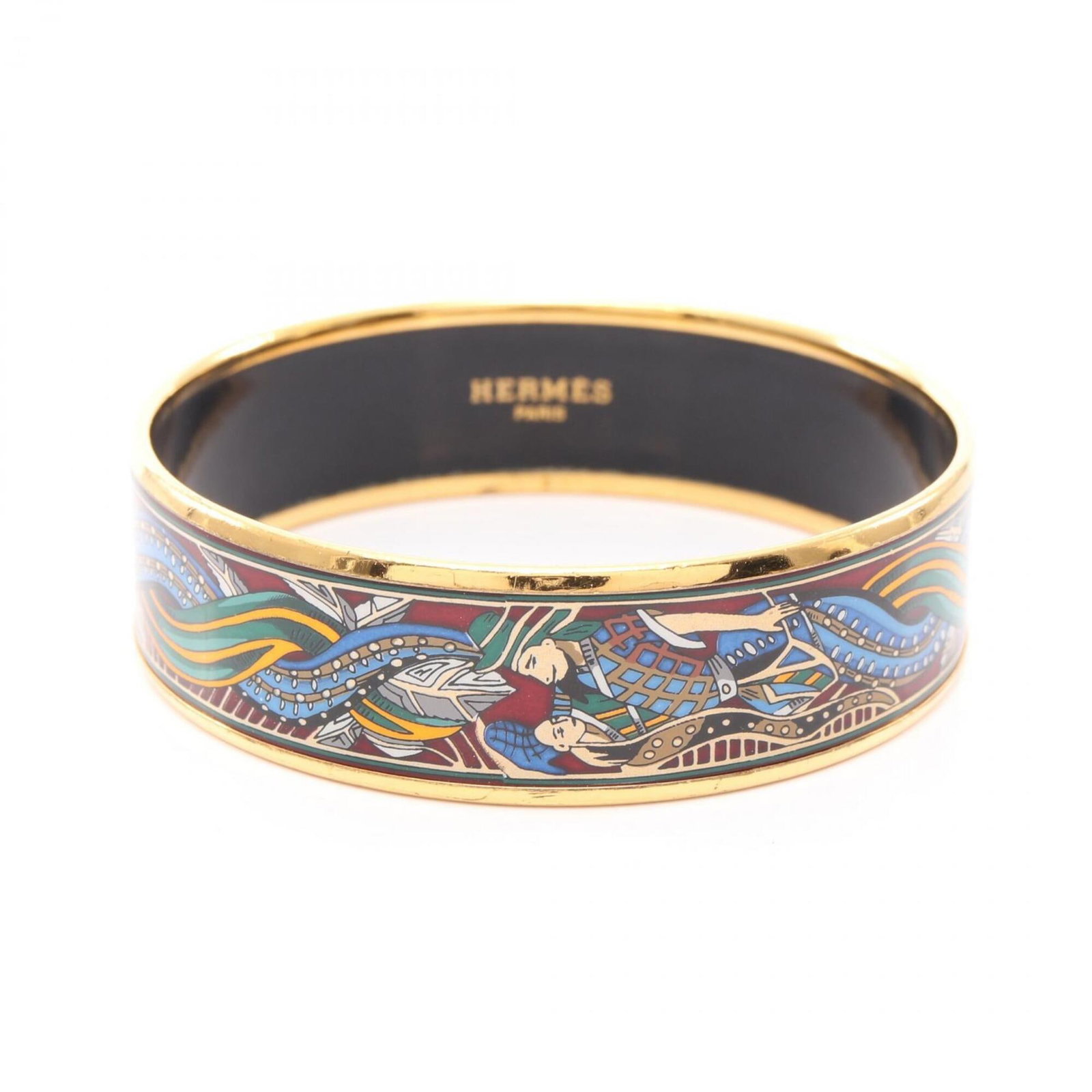 Hermes Bangle Cloisonn/ Enamel Gold Plating: Hermes Bangle Cloisonn/ Enamel Gold Plating This stunning Hermes bangle boasts intricate cloisonn? and enamel details, showcasing vibrant colors in gold plating. The piece bears a signature, adding