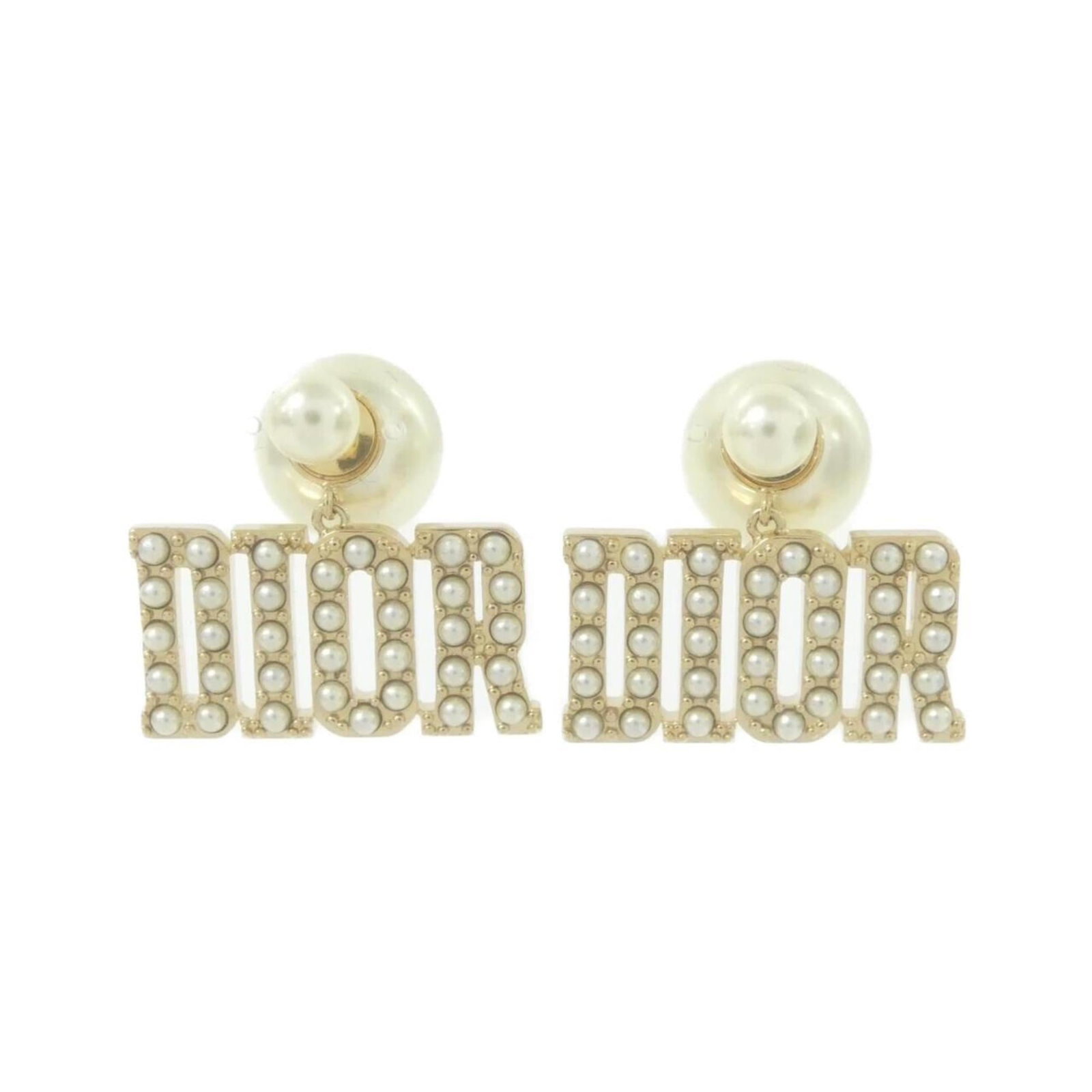 Stud Earrings by Christian Dior: Stud Earrings by Christian Dior Stud earrings by Christian Dior in gold and white, measuring 27.00mm x 29.00mm, feature a few traces of usage with some scratches / dirt visible but overall in very
