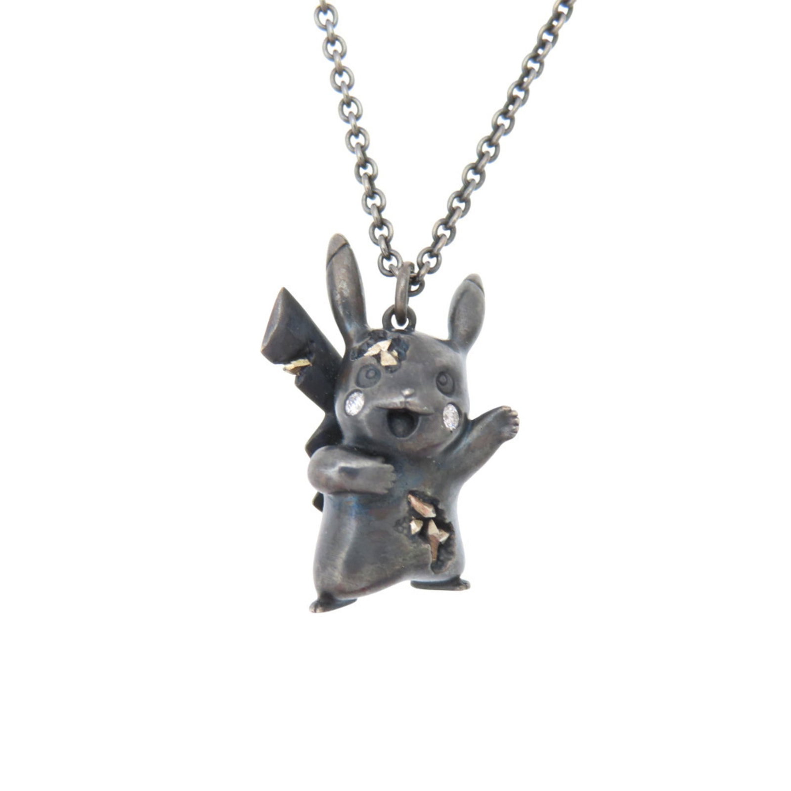 Daniel Arsham Pokmon Necklace Sterling Silver Oxidized Pikachu Tiffany & Co Black 1530: Daniel Arsham Pokmon Necklace Sterling Silver Oxidized Pikachu Tiffany & Co Black 1530 Sterling silver oxidized Pikachu pendant in black, set with diamond and made by Tiffany & Co. The necklace