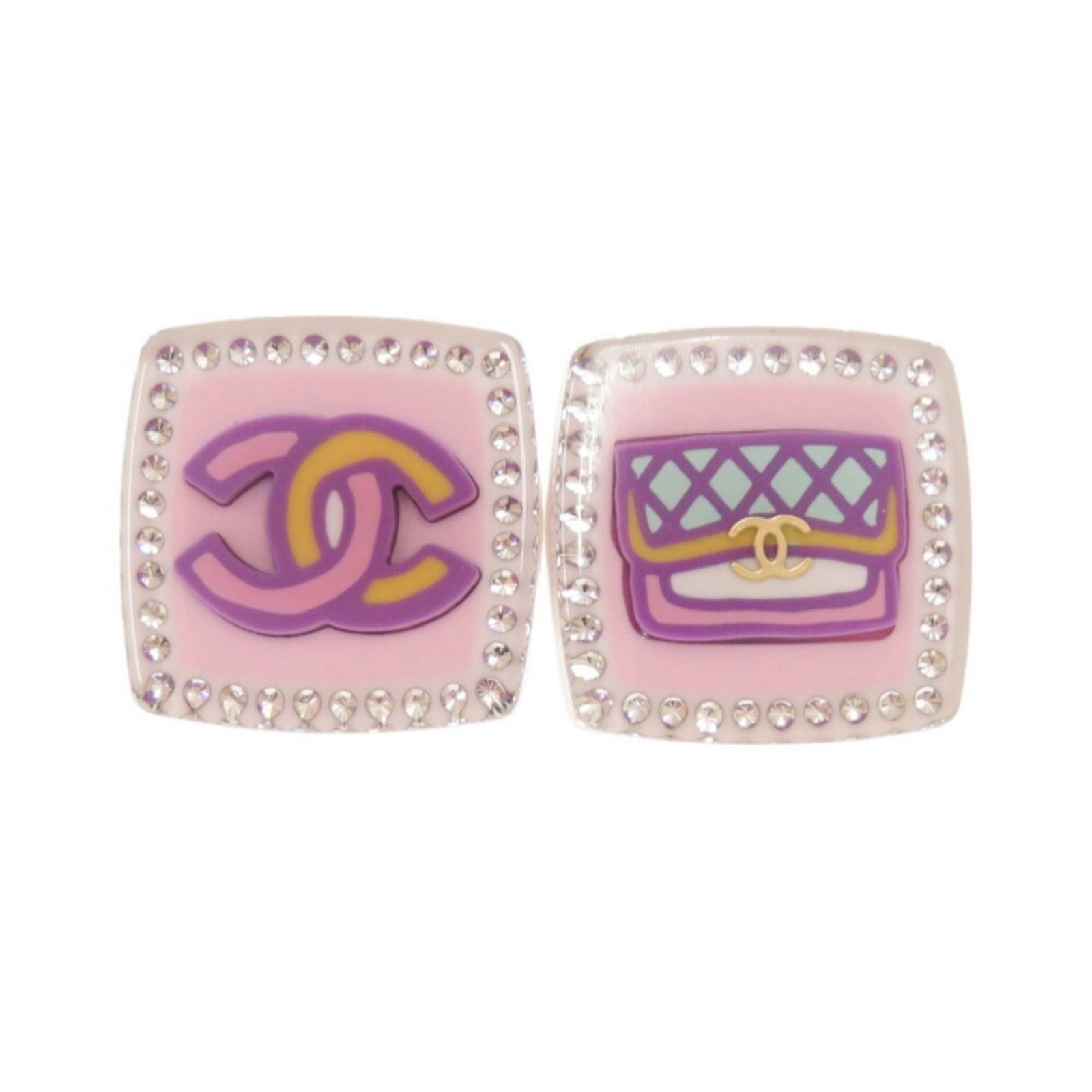 Chanel Stud Earrings Plastic: Chanel Stud Earrings Plastic Blue, Orange, Pink Rhinestone stud earrings from Chanel feature a plastic design with a 19.00mm x 19.00mm size and a few traces of usage, some scratches / dirt visible but