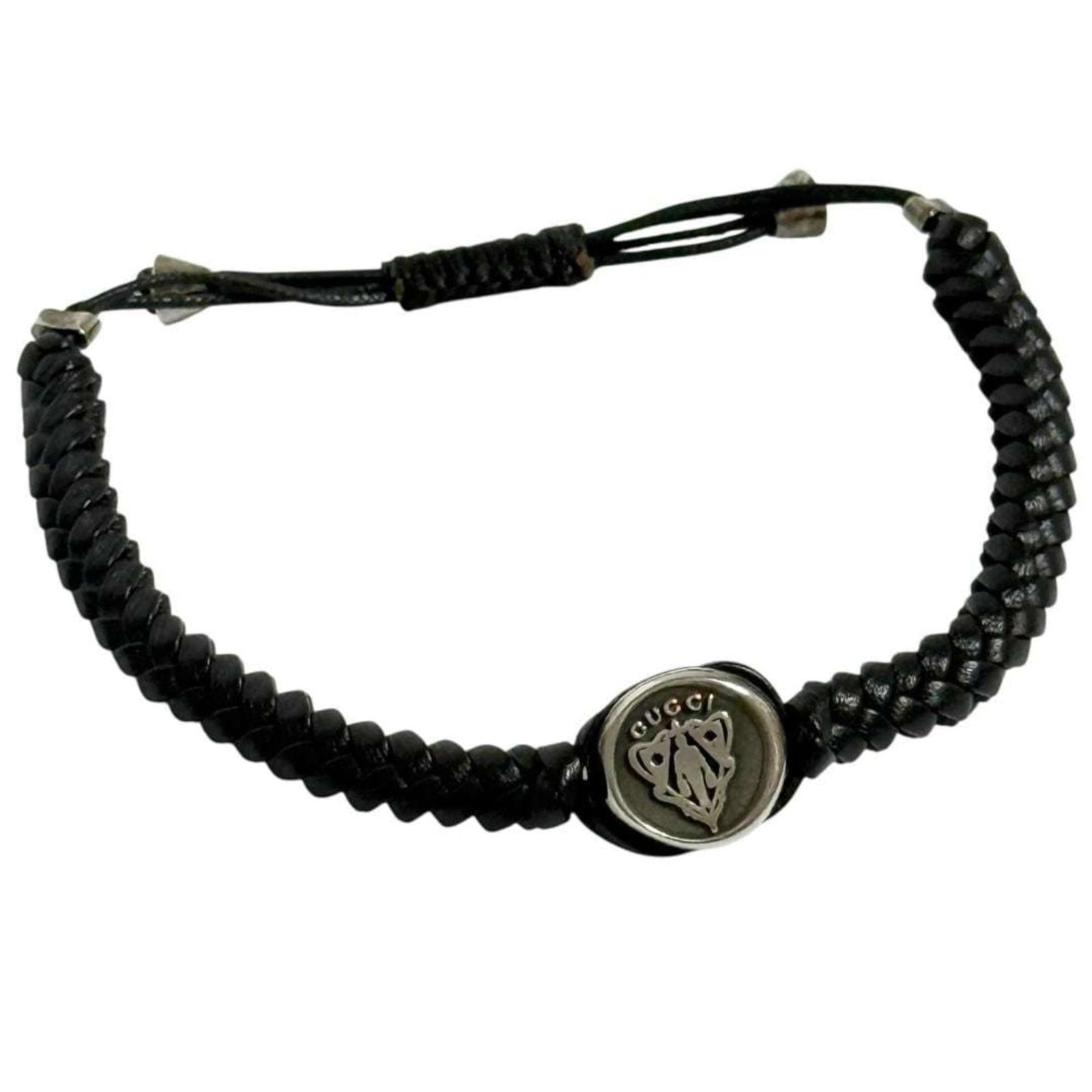 Silver Leather Gucci Bracelet 925: Silver Leather Gucci Bracelet 925 Silver Leather Gucci Bracelet 925 - A stylish and elegant charm bracelet featuring genuine silver 925 details, adorned with high-quality leather accents. Measuring
