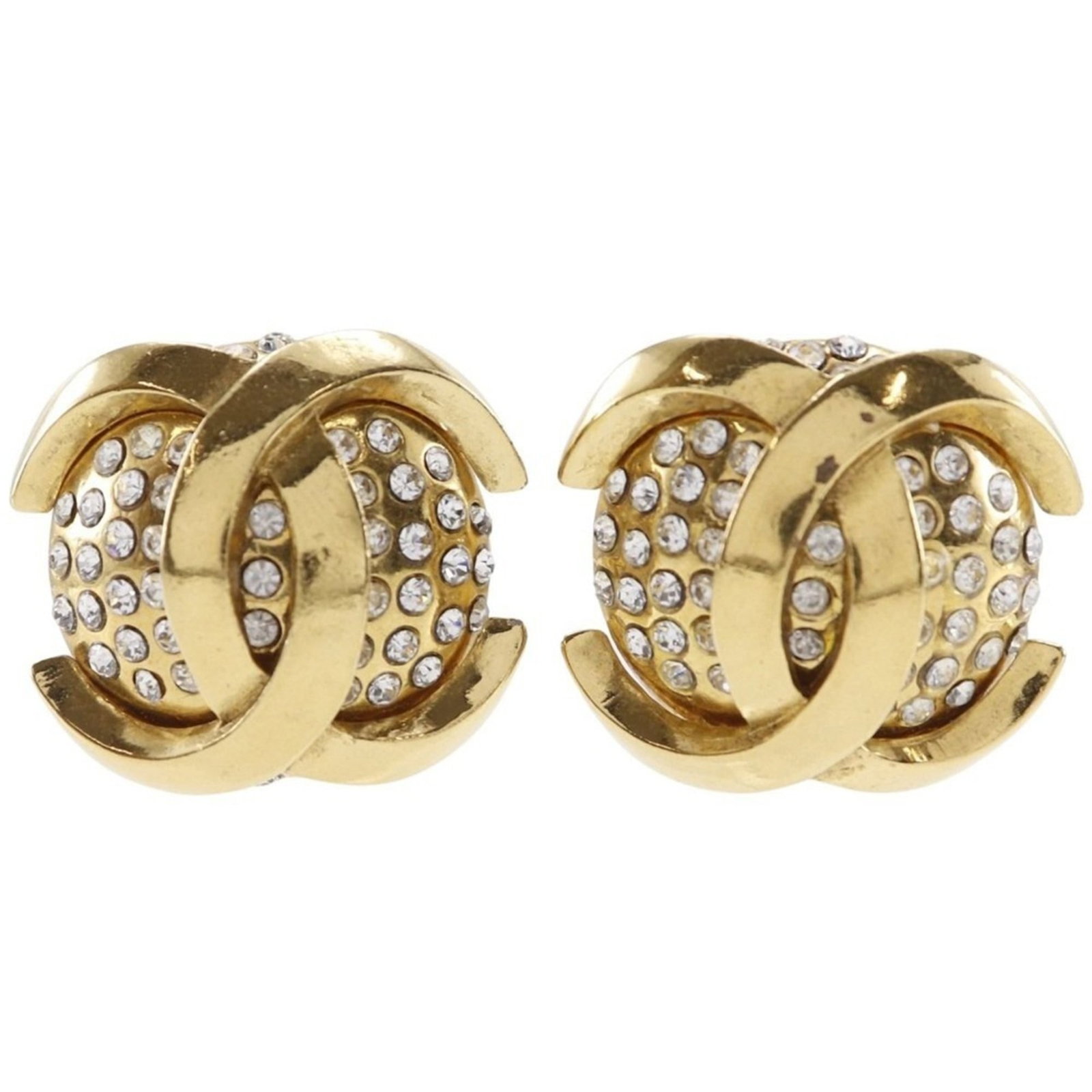 Chanel Clip Earrings: Chanel Clip Earrings Gold Rhinestone Clip Earrings from Chanel, featuring a classic design with intricate details. Measuring 25mm x 29mm and weighing 34.1g, these vintage clip earrings showcase a