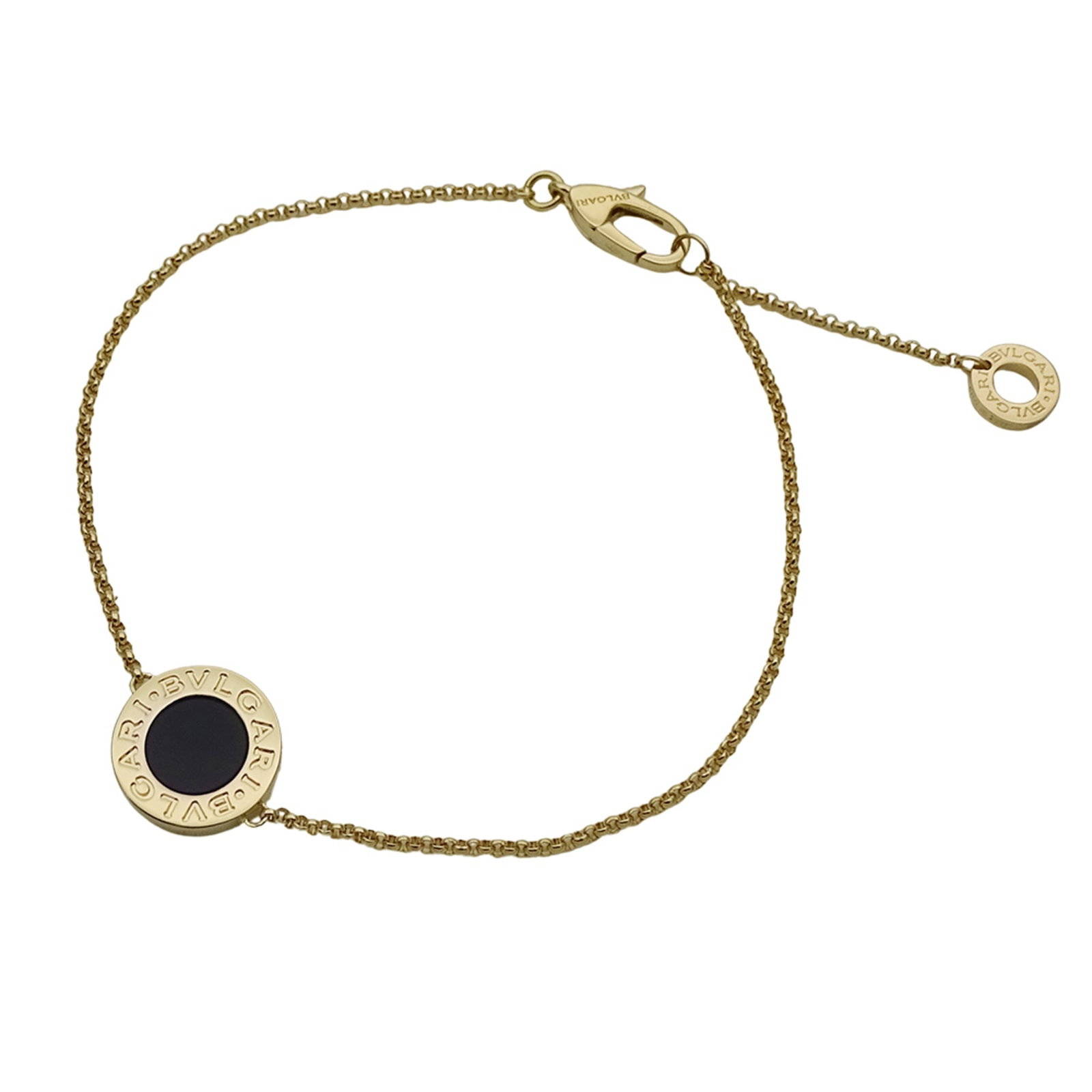 Yellow Gold Charm Bracelet by Bvlgari: Yellow Gold Charm Bracelet by Bvlgari Yellow Gold Charm Bracelet by Bvlgari boasts elegant lines and sophistication with its 18K yellow gold construction. Featuring onyx stones, this charm bracelet ex