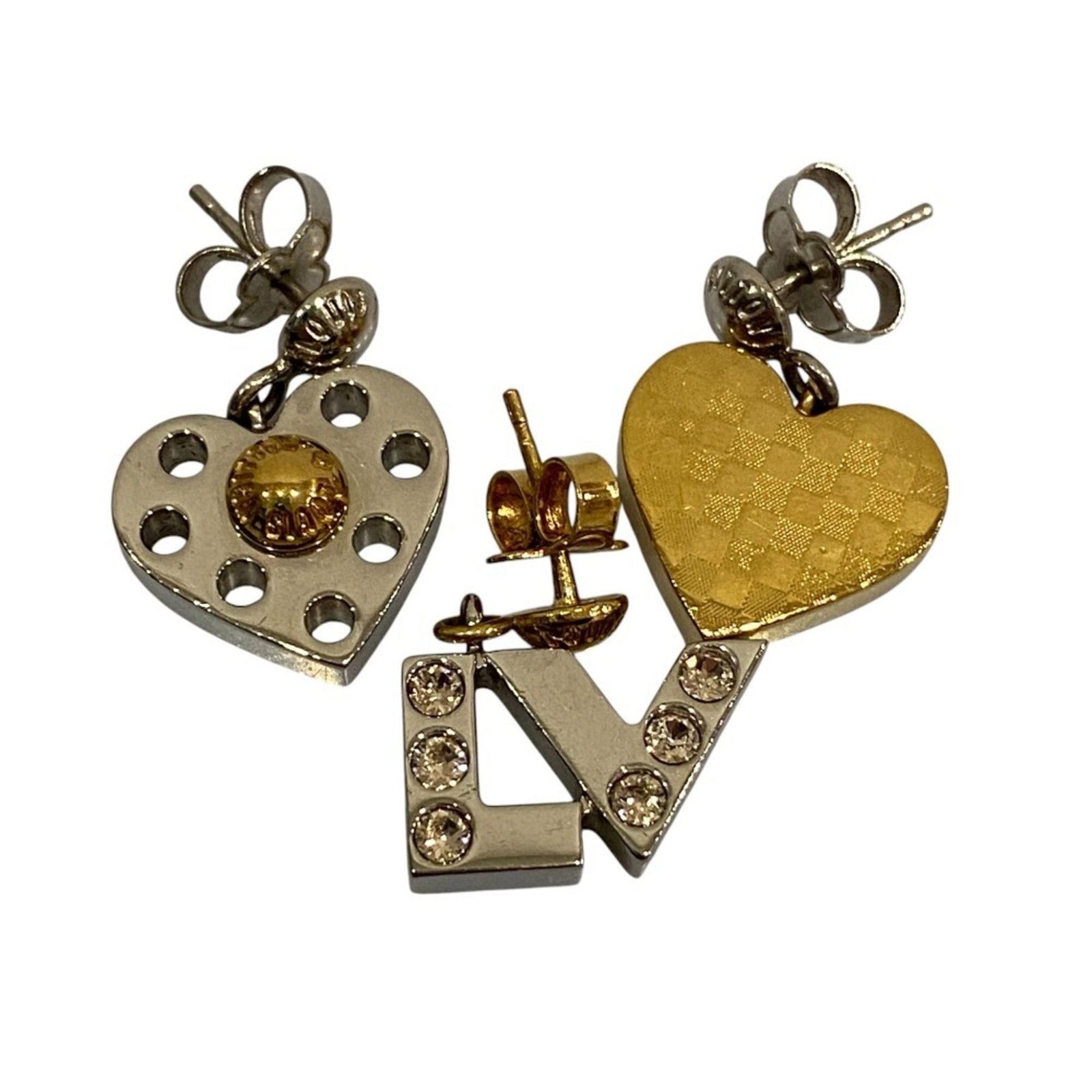 Louis Vuitton Stud Earrings: Louis Vuitton Stud Earrings Stud earrings with Louis Vuitton branding, available in gold and silver finishes. The earrings measure 10mm x 16mm and feature a stud design. They show signs of usage, incl