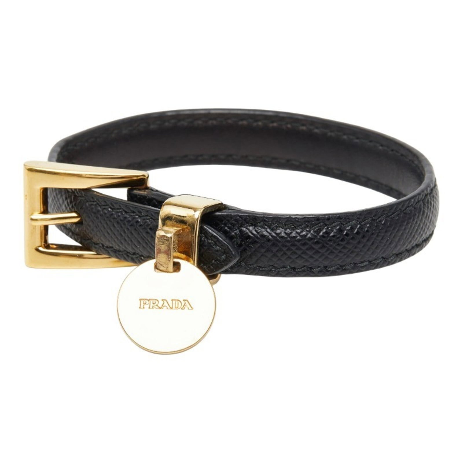 Prada Charm Bracelet Gold Plating Leather: Prada Charm Bracelet Gold Plating Leather Gold Plated Leather Charm Bracelet from Prada, featuring Saffiano leather and a sleek black design. The bracelet measures 16cm in length with a width of 1cm, 