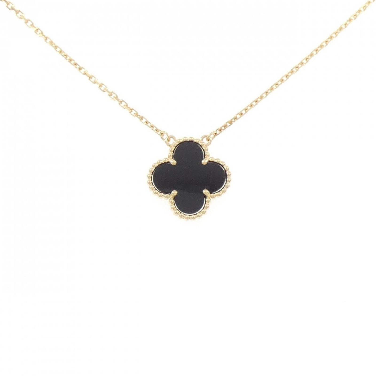 Vintage Alhambra Van Cleef Necklace: Vintage Alhambra Van Cleef Necklace Yellow gold (18K) pendant features an onyx stone, suspended from a delicate chain. The necklace boasts a classic design with a 14.9mm x 14.9mm pendant and