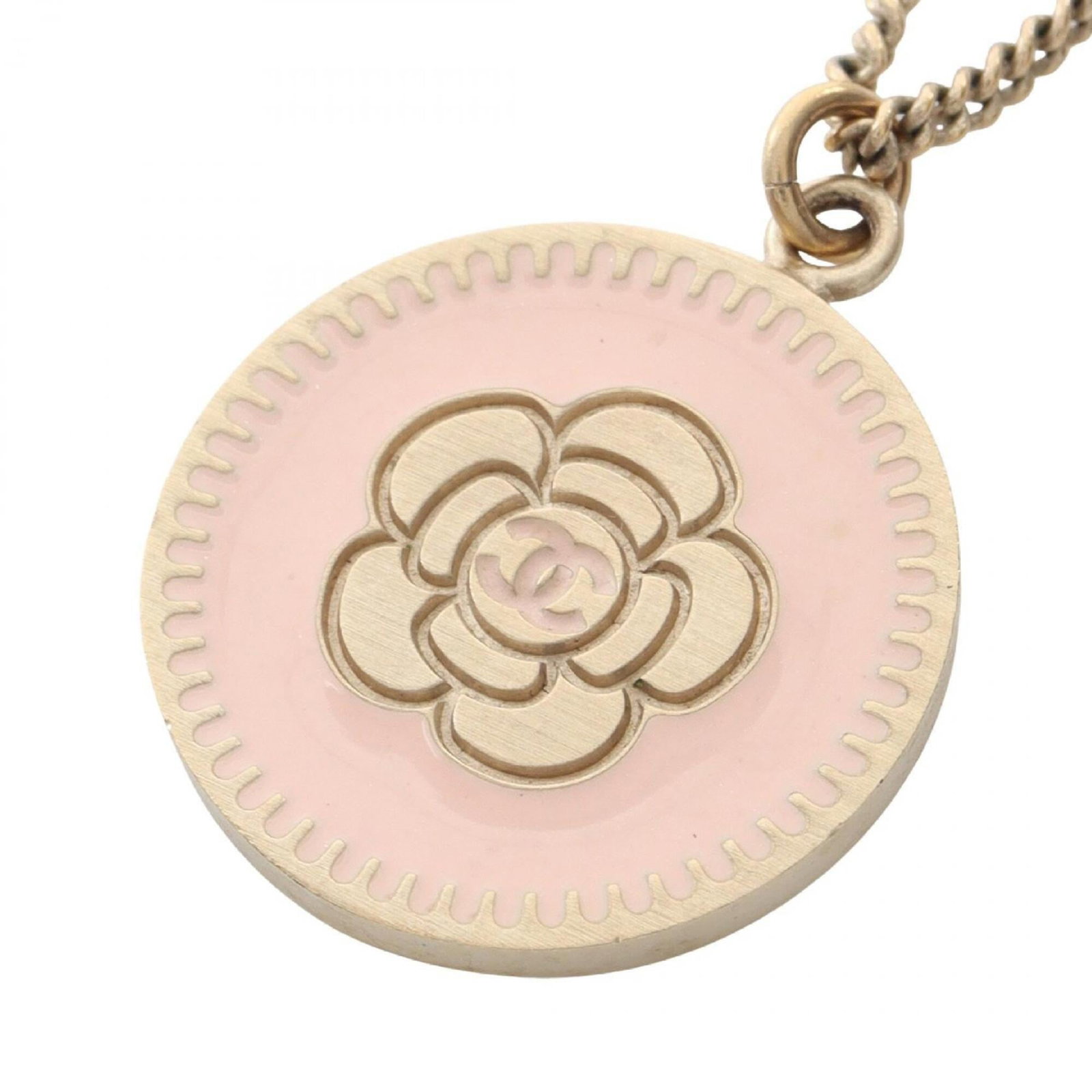 Women's Pink Tones Coco Gold Plated Circle Necklace Mark Chanel Camellia: Women's Pink Tones Coco Gold Plated Circle Necklace Mark Chanel Camellia Chanel's iconic Camellia design shines in pink tones on this gold plated circle necklace. The delicate, 21mm x 21mm pendant is 