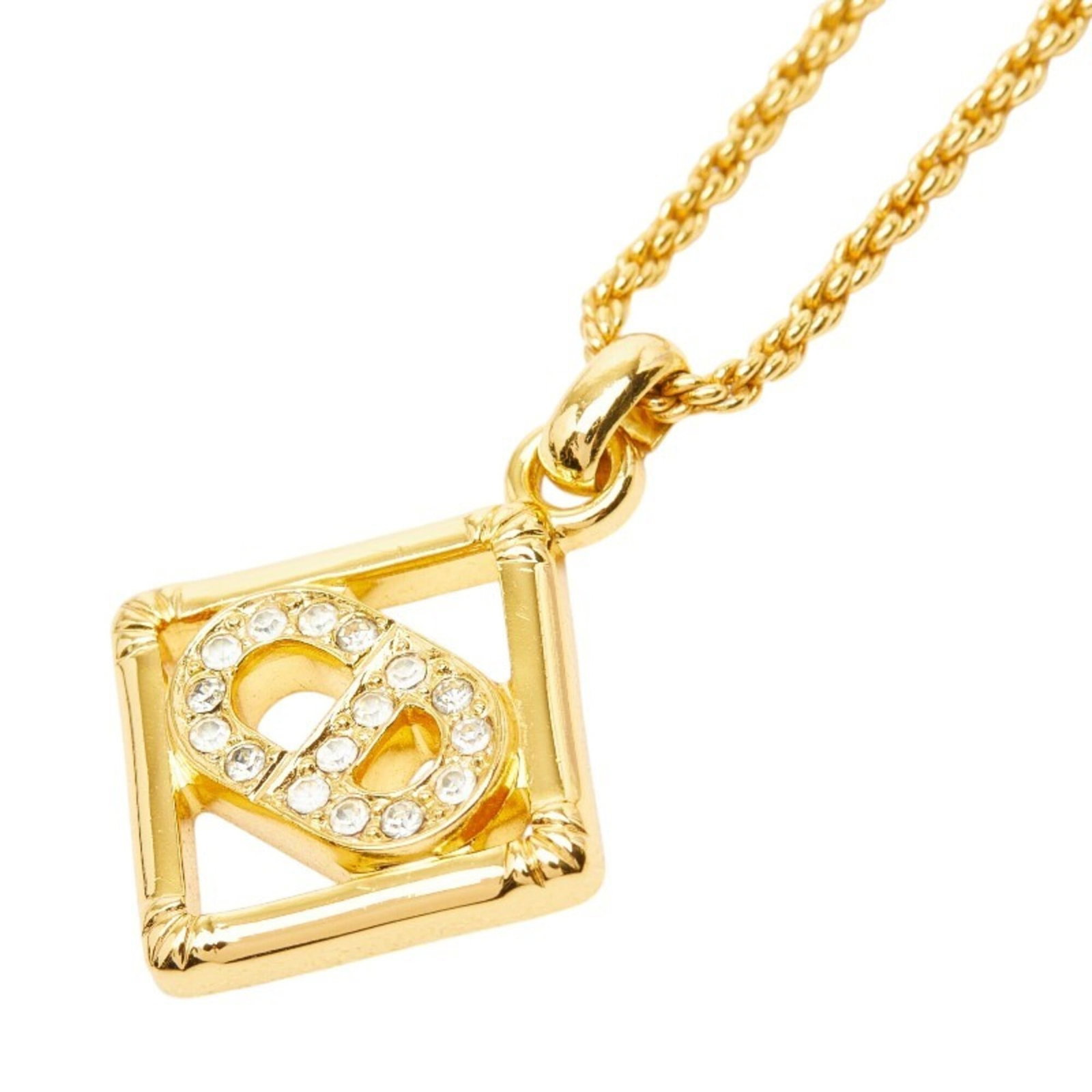 Christian Dior Cd Logo Vintage Diamond Chain Pendant Necklace Gold Rhinestone Plated Women'S (1 of 6)