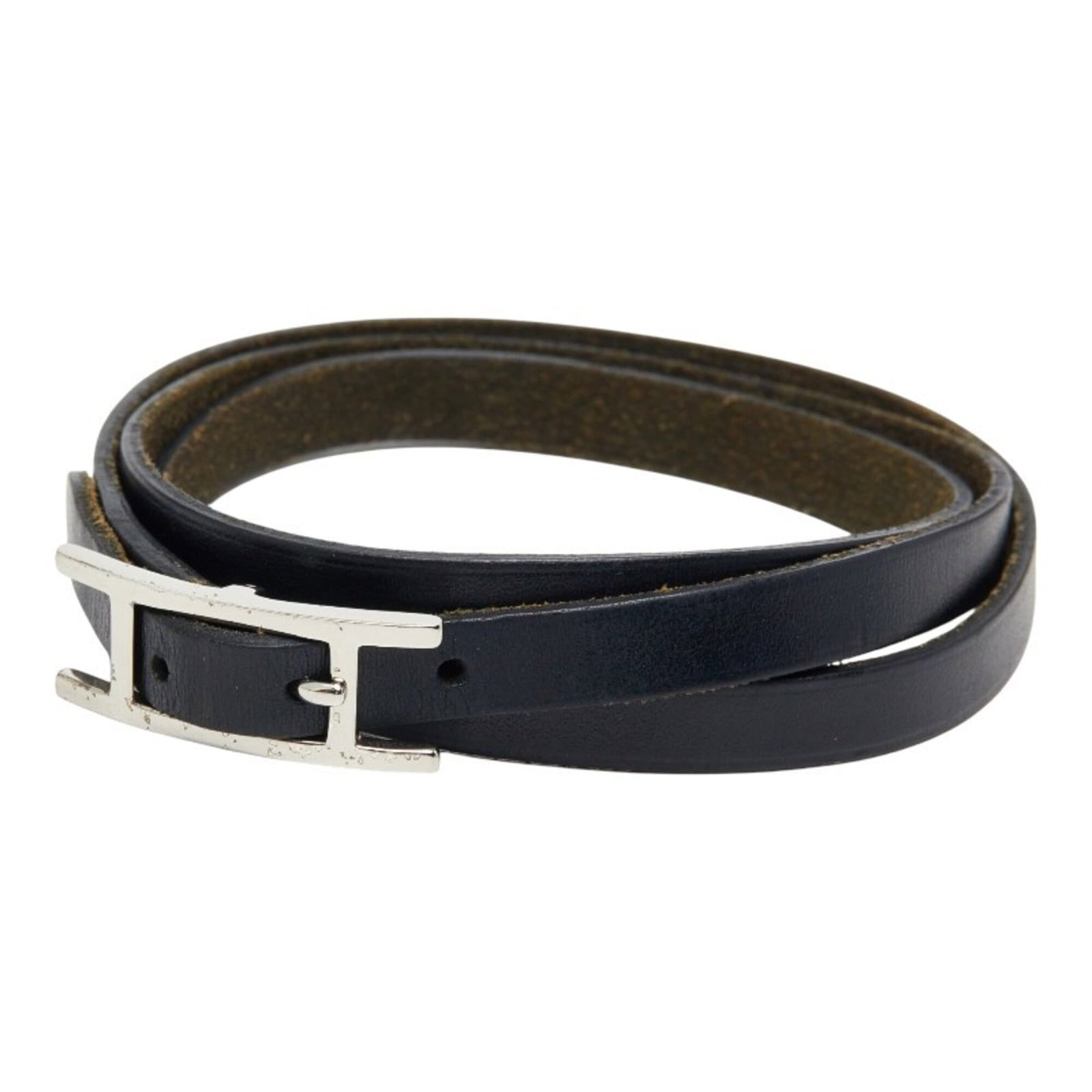 Hermes Charm Bracelet Leather: Hermes Charm Bracelet Leather Black leather charm bracelet from Hermes, measuring 21.5cm in length, with visible traces of usage and minor scratches. The bracelet bears a signature but no further deta