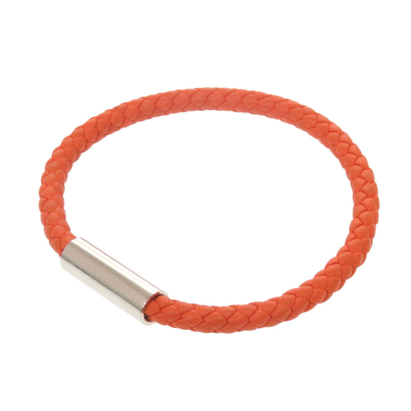 Metal Leather Charm Hermes Bracelet: Metal Leather Charm Hermes Bracelet Used (like new) metal leather charm Hermes bracelet in orange and silver, measuring 16.5cm / 6.49''. This charm bracelet features a unique combination of leather