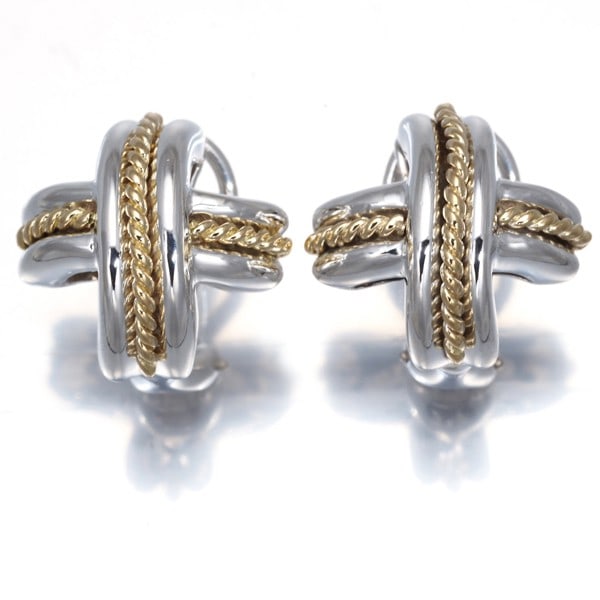 Tiffany Co. Sterling Silver Earrings 925 18K Signature Yellow Gold: Tiffany Co. Sterling Silver Earrings 925 18K Signature Yellow Gold Sterling silver earrings with a signature from Tiffany & Co. bear the mark of the renowned luxury brand, adding an air of sophisticat