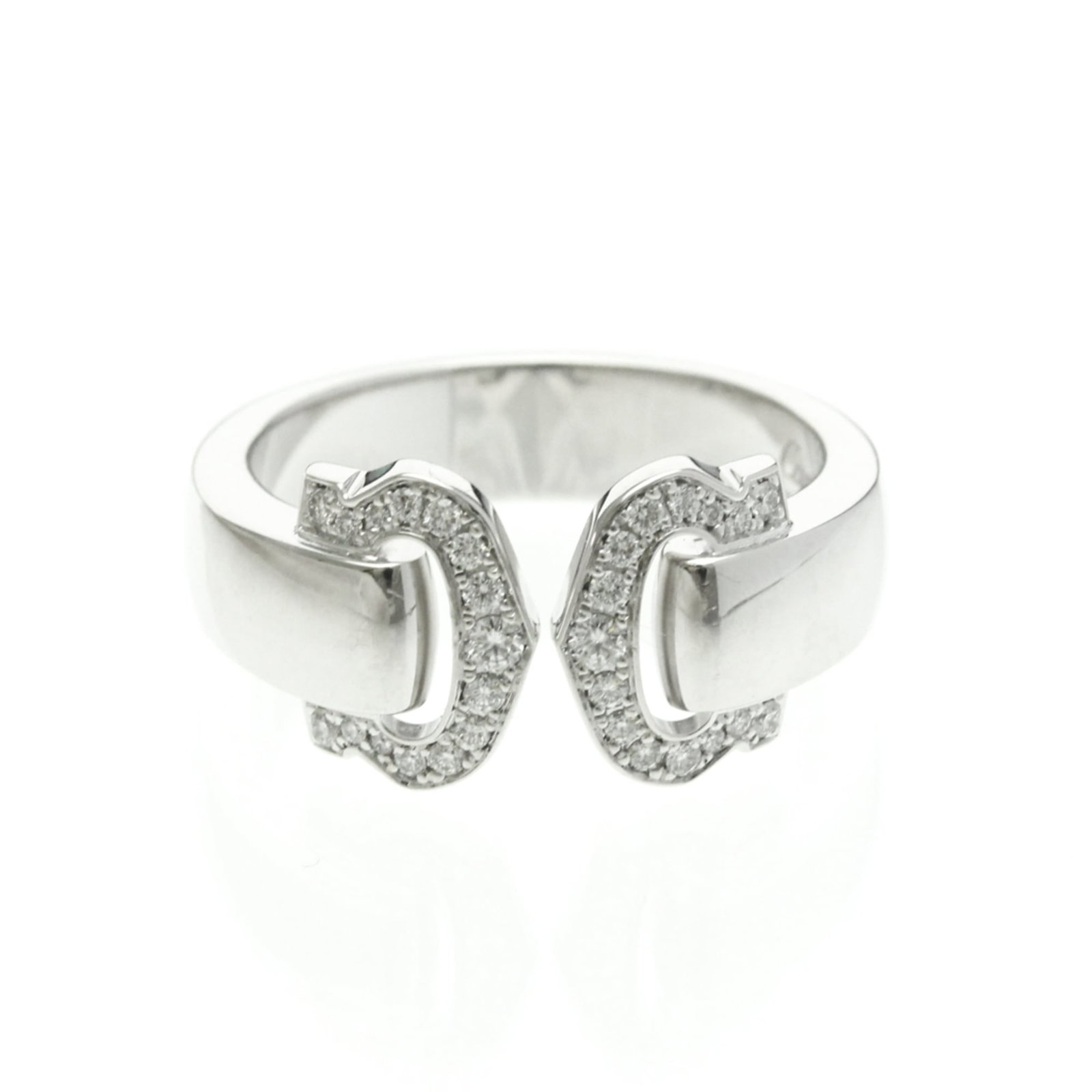 White Gold Cartier Band Ring 18K: White Gold Cartier Band Ring 18K 18K White Gold Cartier Band Ring features a sleek design with diamonds set in a silver band, measuring 10.20mm x 14.50mm and weighing 10.4g. The ring is made from