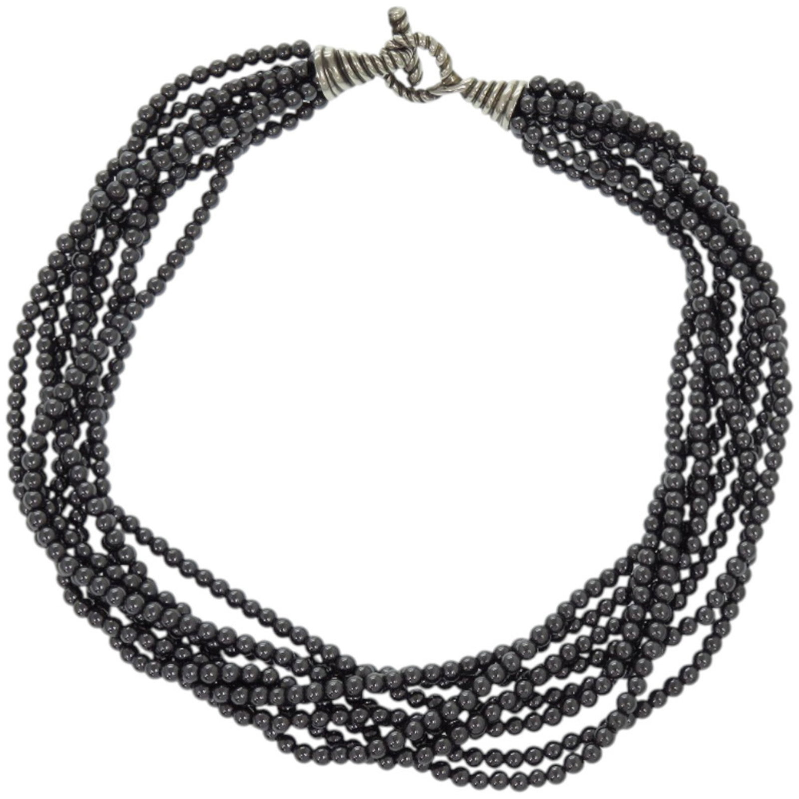 Tiffany & Co. 8-Strand Choker Necklace With Hematite Beads And 925 Silver. Item Number 0624.: Tiffany & Co. 8-Strand Choker Necklace With Hematite Beads And 925 Silver. Item Number 0624. Tiffany & Co.'s 8-Strand Choker Necklace showcases elegant silverwork and hematite beads, creating a sophis