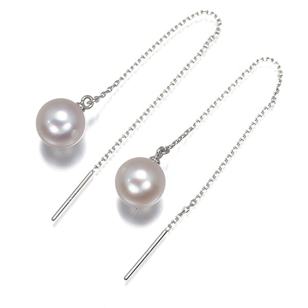 Tasaki Earrings Akoya Pearl 7.9Mm Threader Earrings Solitaire 18K Wg (1 of 4)