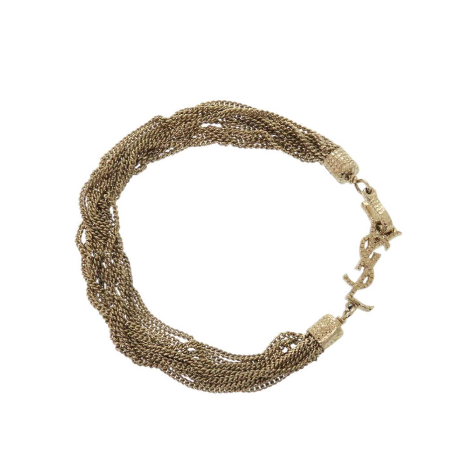 Saint Laurent Yves Metal Charm Bracelet: Saint Laurent Yves Metal Charm Bracelet Gold charm bracelet from Yves Saint Laurent, featuring metal details and measuring 16.5cm in length. The bracelet shows some traces of usage with minor scratche