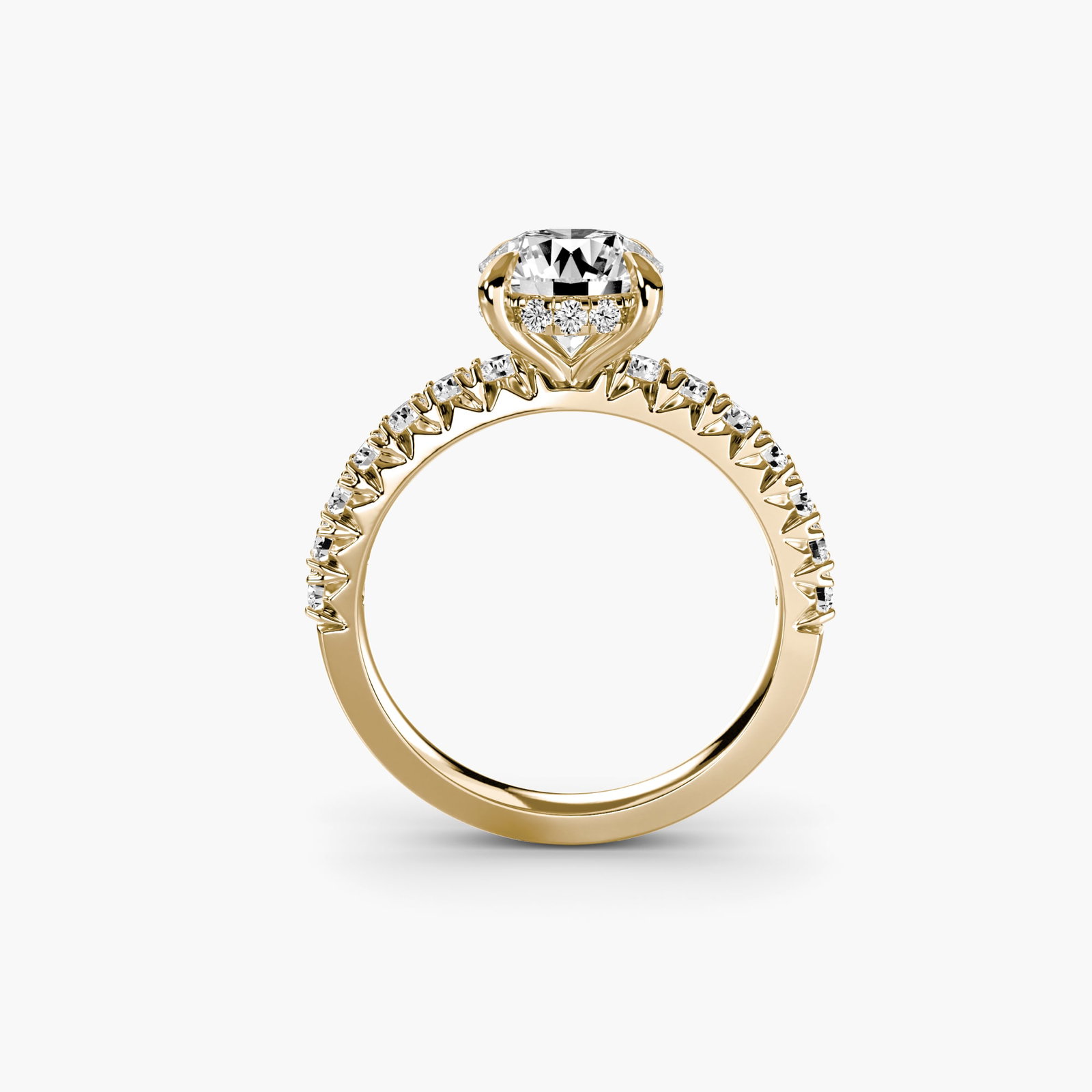 Hidden Halo Round 18Kt Yellow Gold Ring Setting: Hidden Halo Round 18Kt Yellow Gold Ring Setting 18Kt Yellow Gold Hidden Halo Round Ring Setting. This exquisite ring setting features 26 side stones totaling 0.42 carats, adding a touch of elegance to