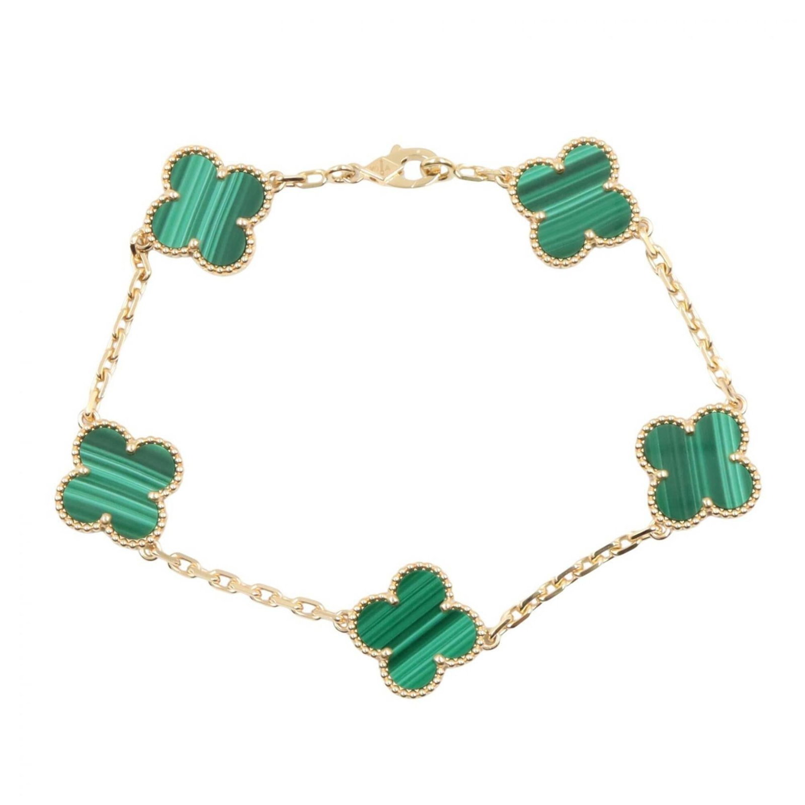 Charm Bracelet Gold Yellow Van Arpels Cleef: Charm Bracelet Gold Yellow Van Arpels Cleef Yellow Gold Van Cleef & Arpels Charm Bracelet with Malachite Stone. This 18K yellow gold charm bracelet features a striking green malachite stone, adding a 